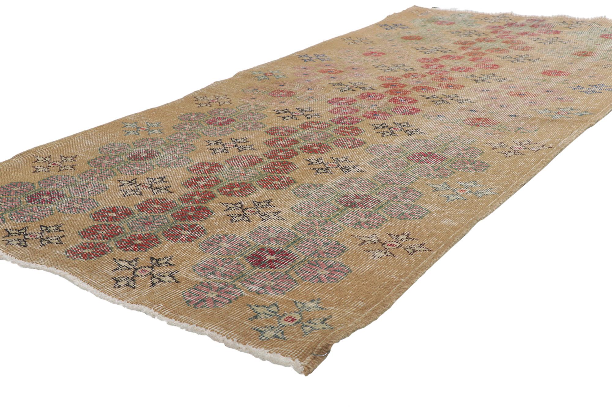 51971 Distressed Vintage Turkish Sivas Rug with Rustic Arts and Crafts Style 03'03 x 06'11. With the perfect mix of simplicity and luxury, this hand-knotted wool distressed vintage Turkish Sivas rug embodies a rustic Arts & Crafts style. It features
