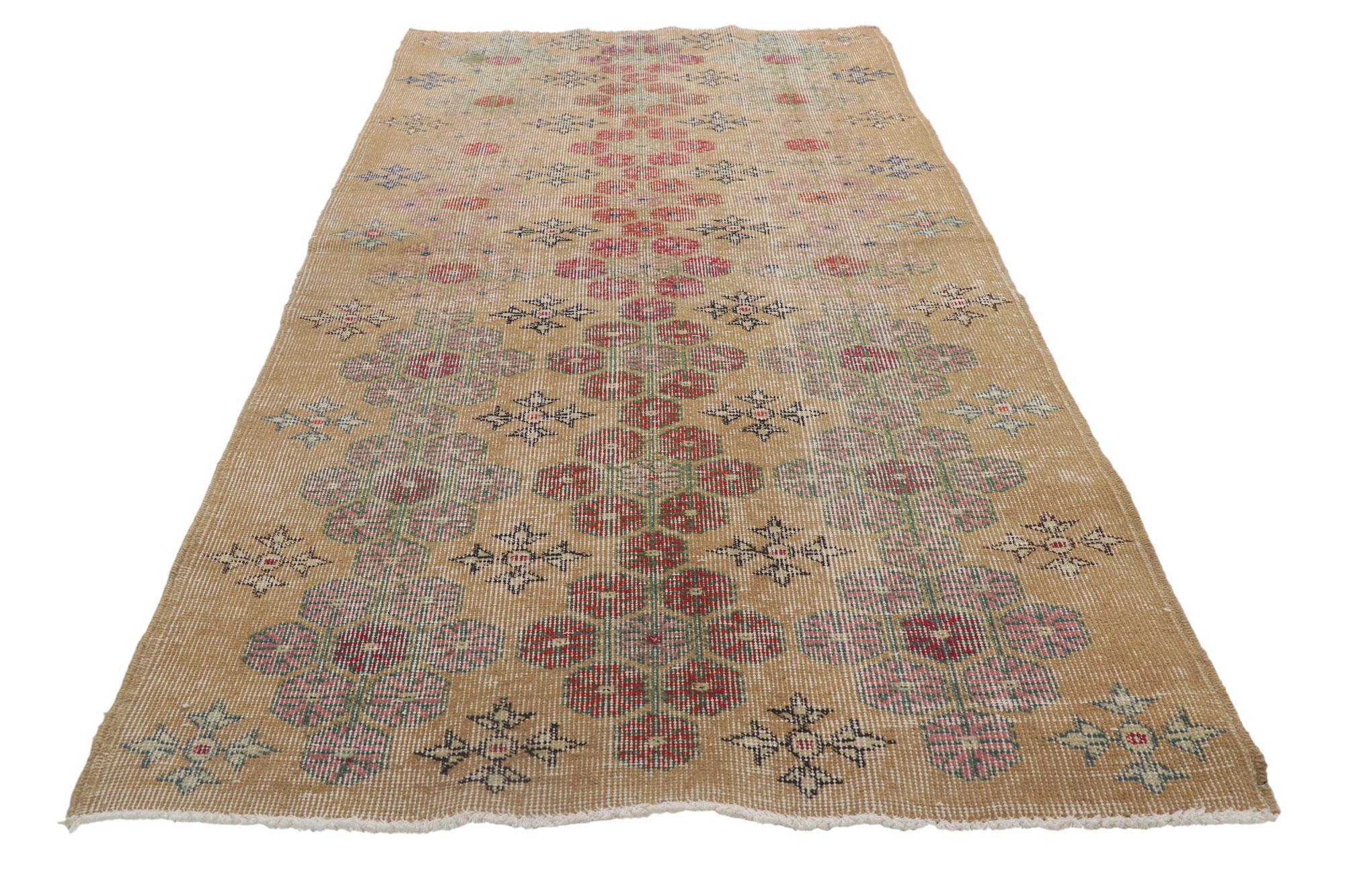Art Deco Distressed Vintage Turkish Sivas Rug with Rustic Arts and Crafts Style
