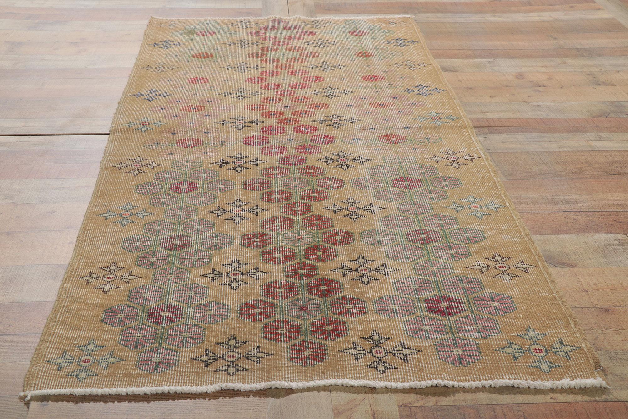 Wool Distressed Vintage Turkish Sivas Rug with Rustic Arts and Crafts Style