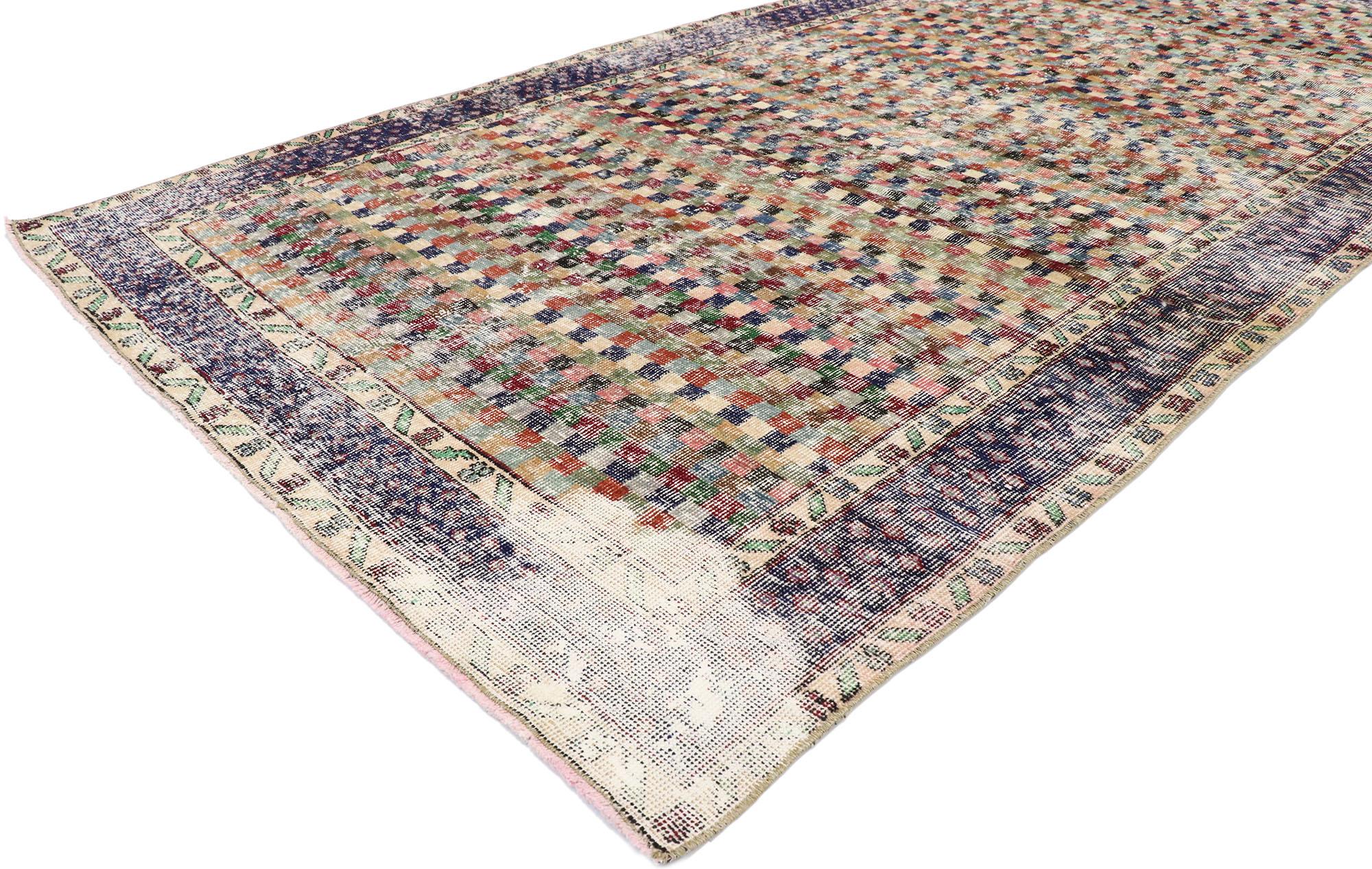 Mid-Century Modern Distressed Vintage Turkish Sivas Rug with Rustic Arts & Crafts Style For Sale