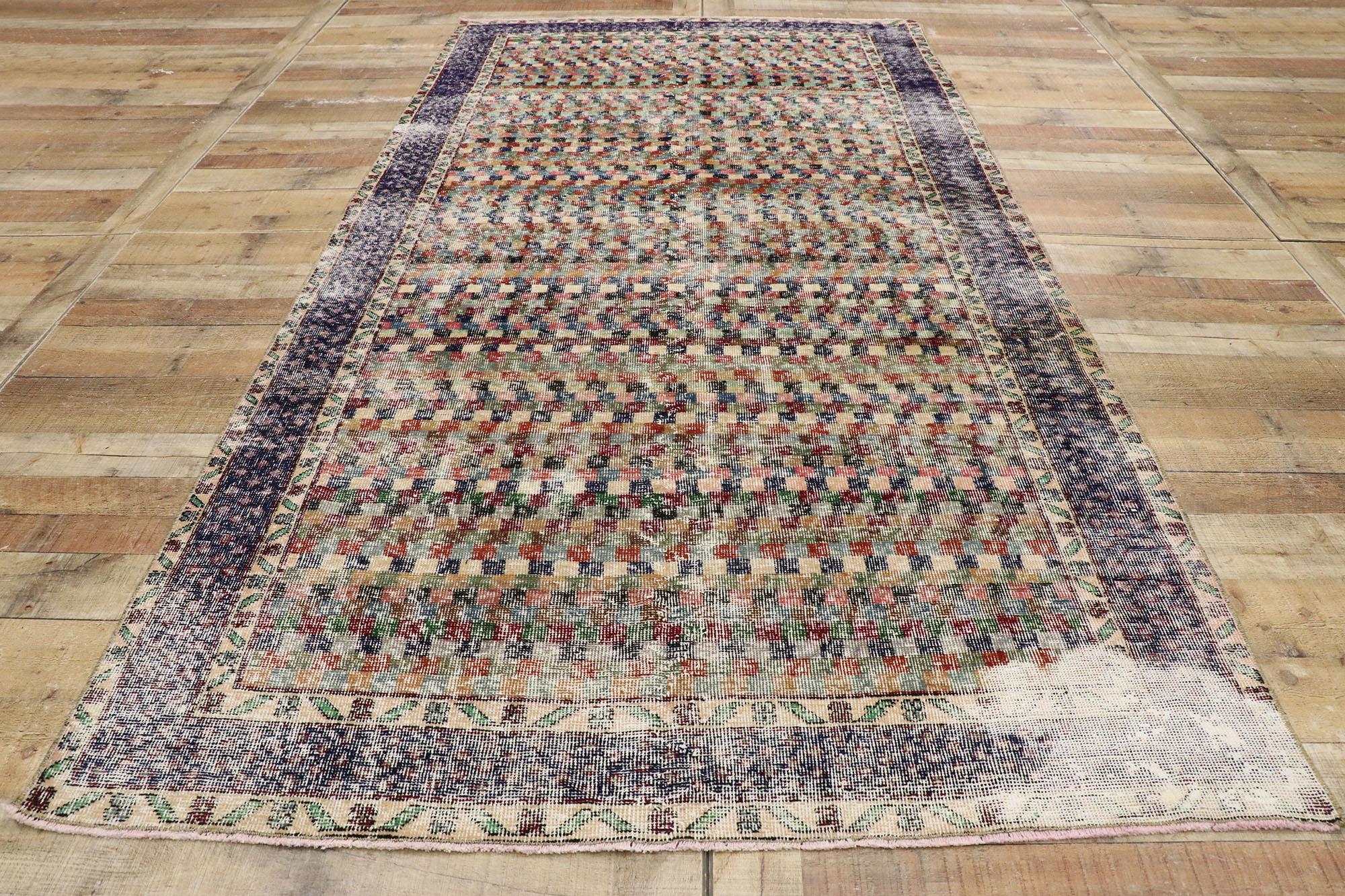 Distressed Vintage Turkish Sivas Rug with Rustic Arts & Crafts Style For Sale 1