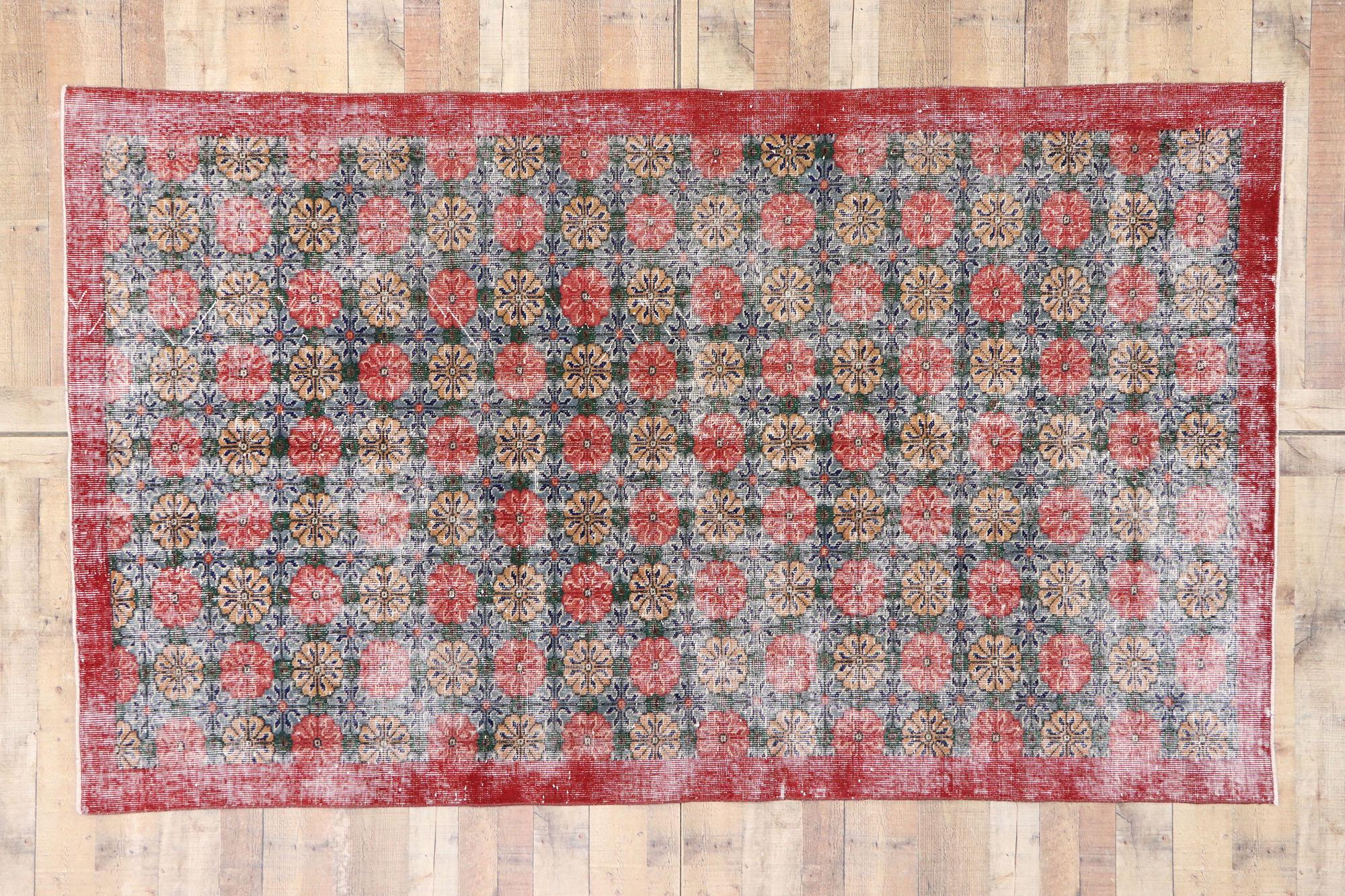 Distressed Vintage Turkish Sivas Rug with Rustic Arts & Crafts Style For Sale 3