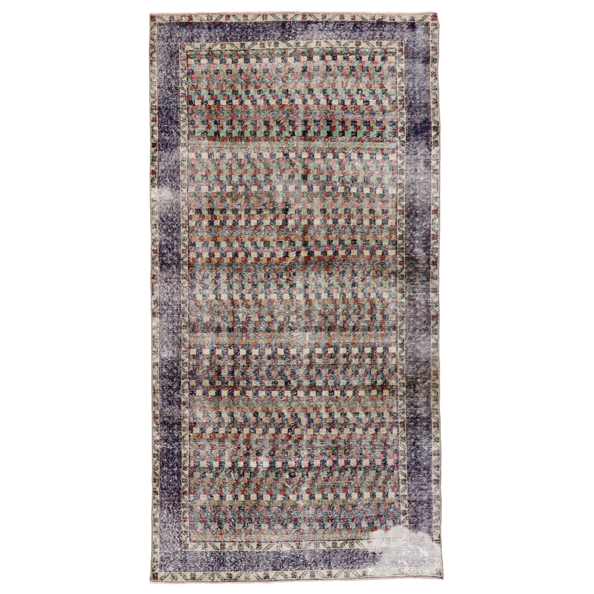 Distressed Vintage Turkish Sivas Rug with Rustic Arts & Crafts Style For Sale
