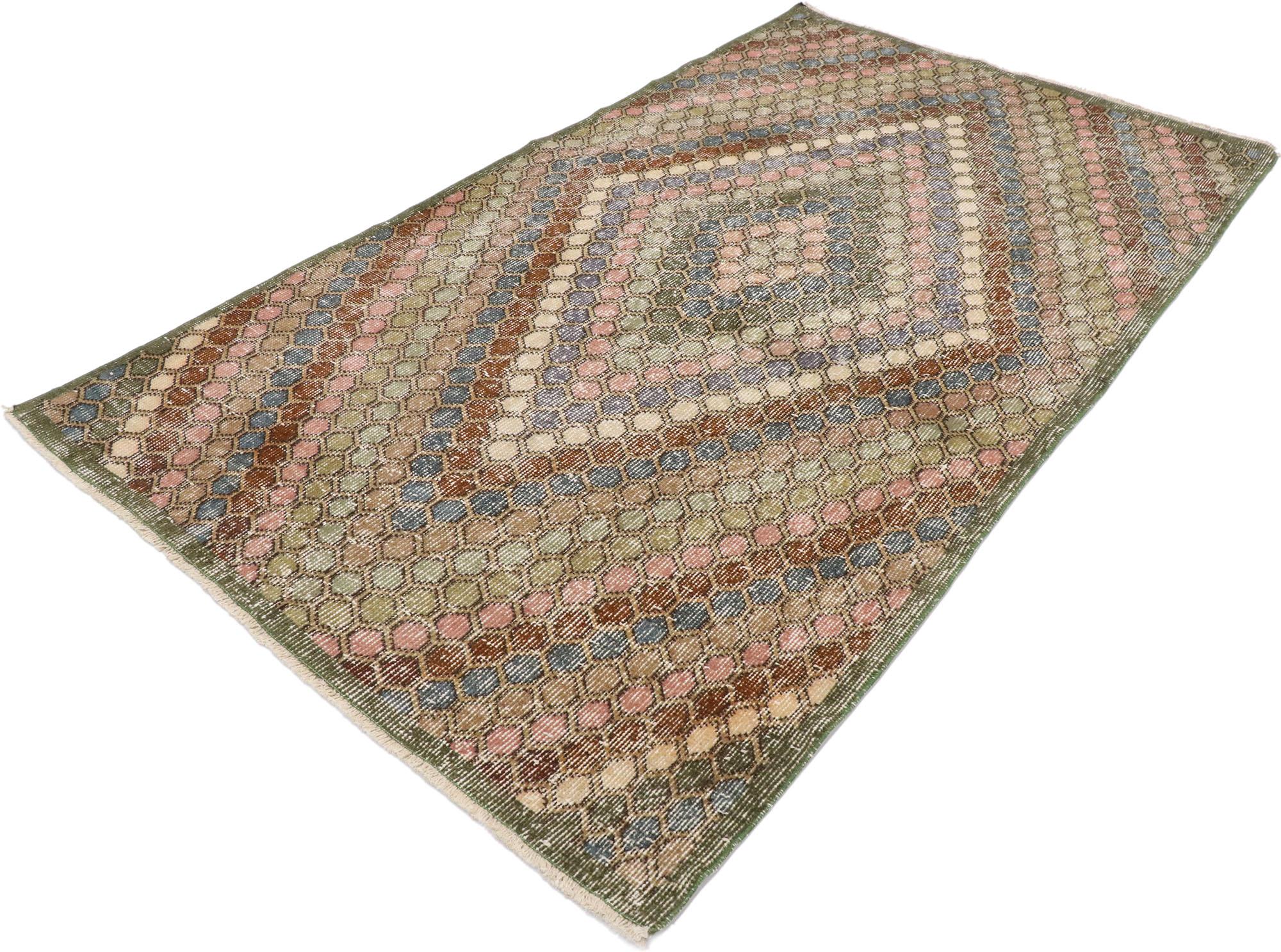 53355, distressed vintage Turkish Sivas rug with Rustic Bohemian style. This hand knotted wool distressed vintage Turkish Sivas rug features an all-over hexagonal lattice pattern. A simple neutral colored trellis spreads across the piece, breaking