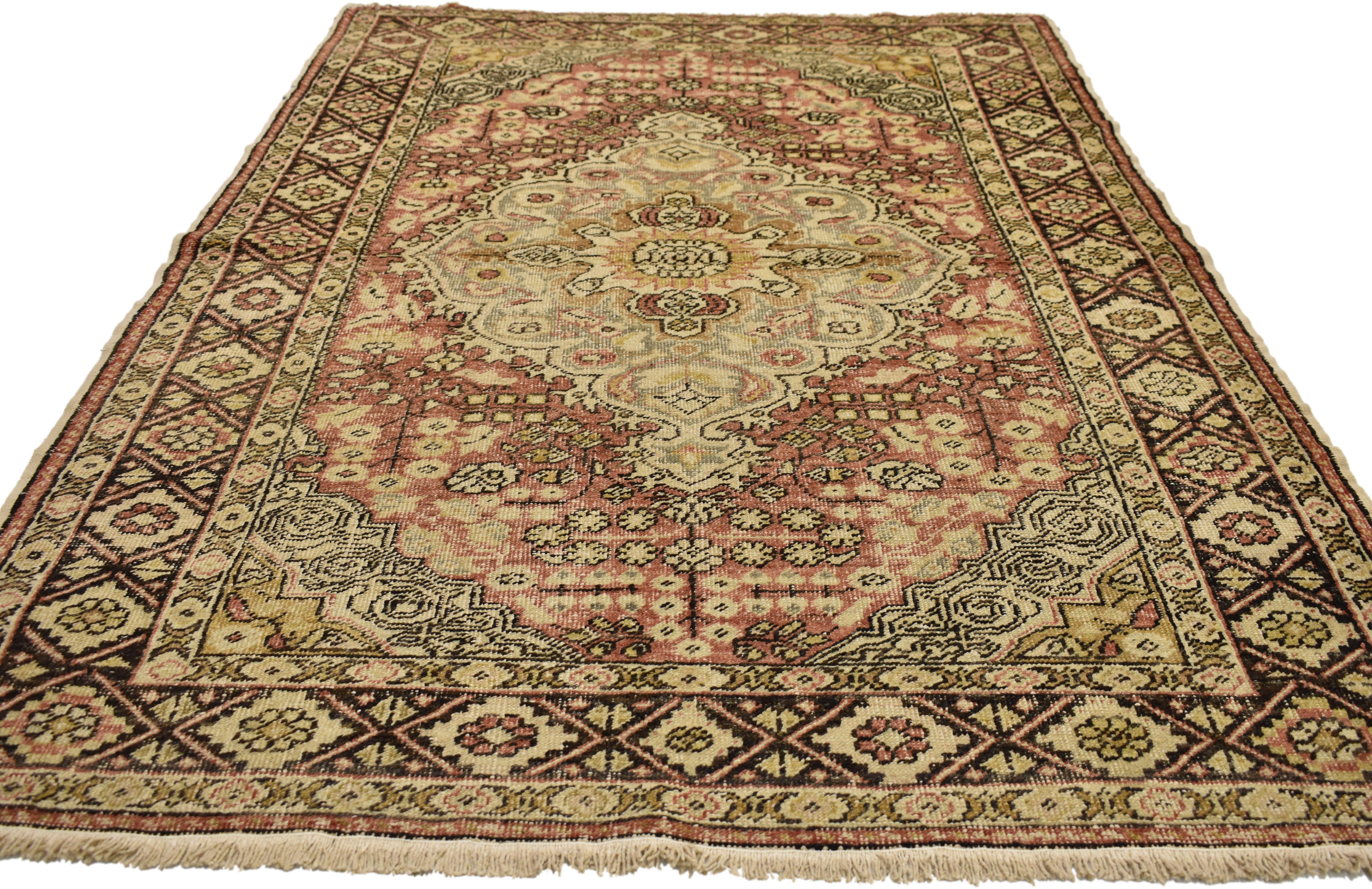 Hand-Knotted Distressed Vintage Turkish Sivas Rug with Rustic Cottage Arts & Crafts Style For Sale