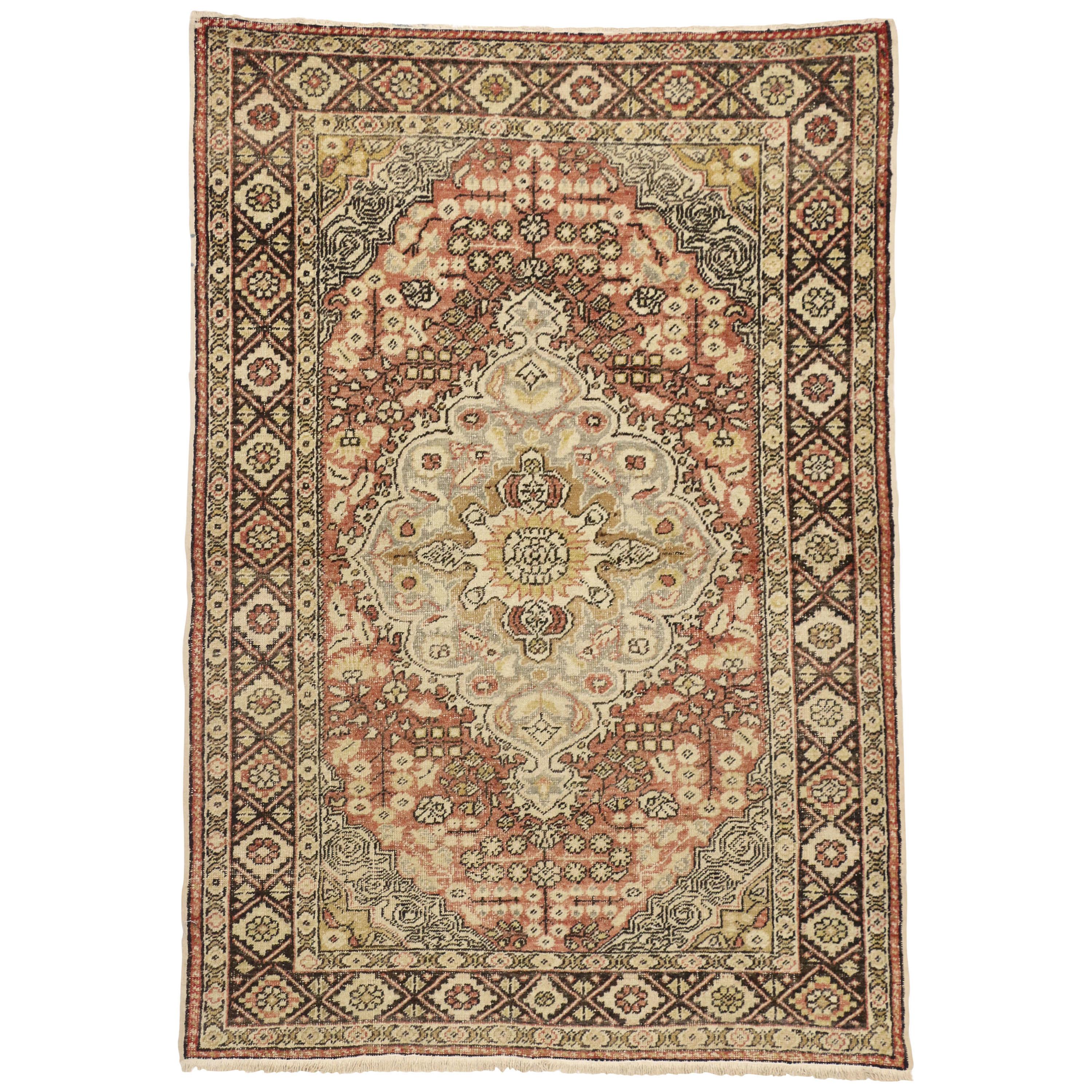 Distressed Vintage Turkish Sivas Rug with Rustic Cottage Arts & Crafts Style For Sale