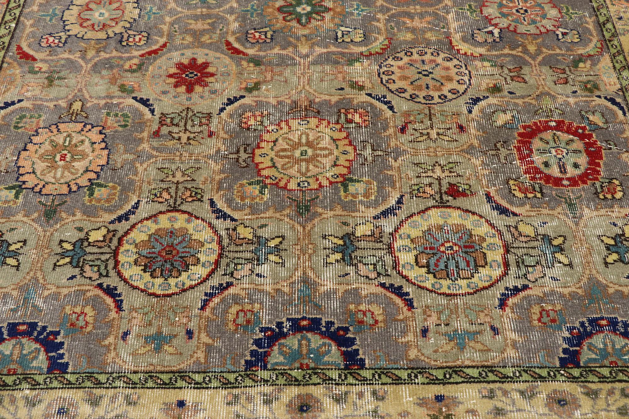 Distressed Vintage Turkish Sivas Rug with Rustic Craftsman Style In Distressed Condition For Sale In Dallas, TX