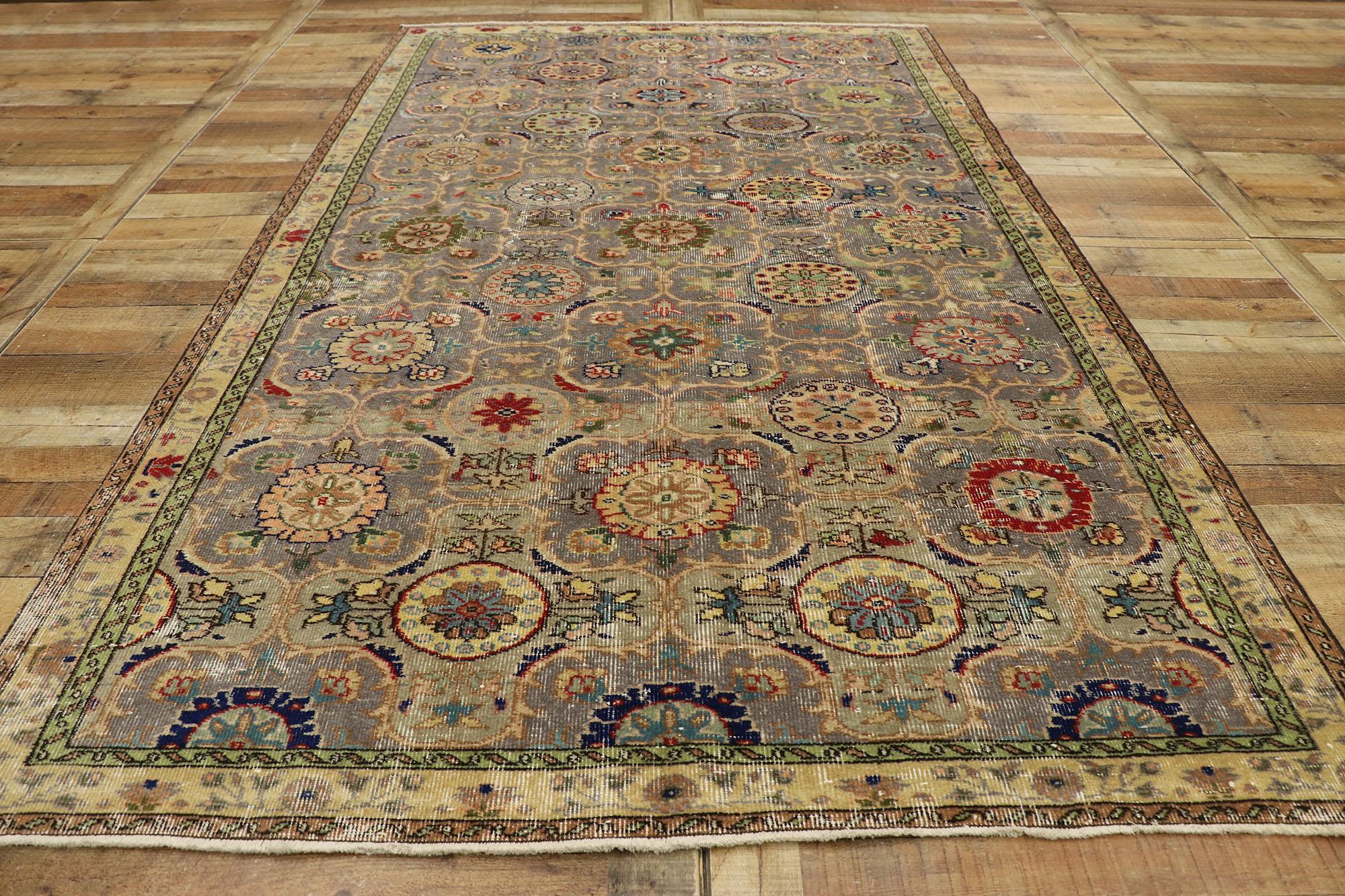Distressed Vintage Turkish Sivas Rug with Rustic Craftsman Style For Sale 1