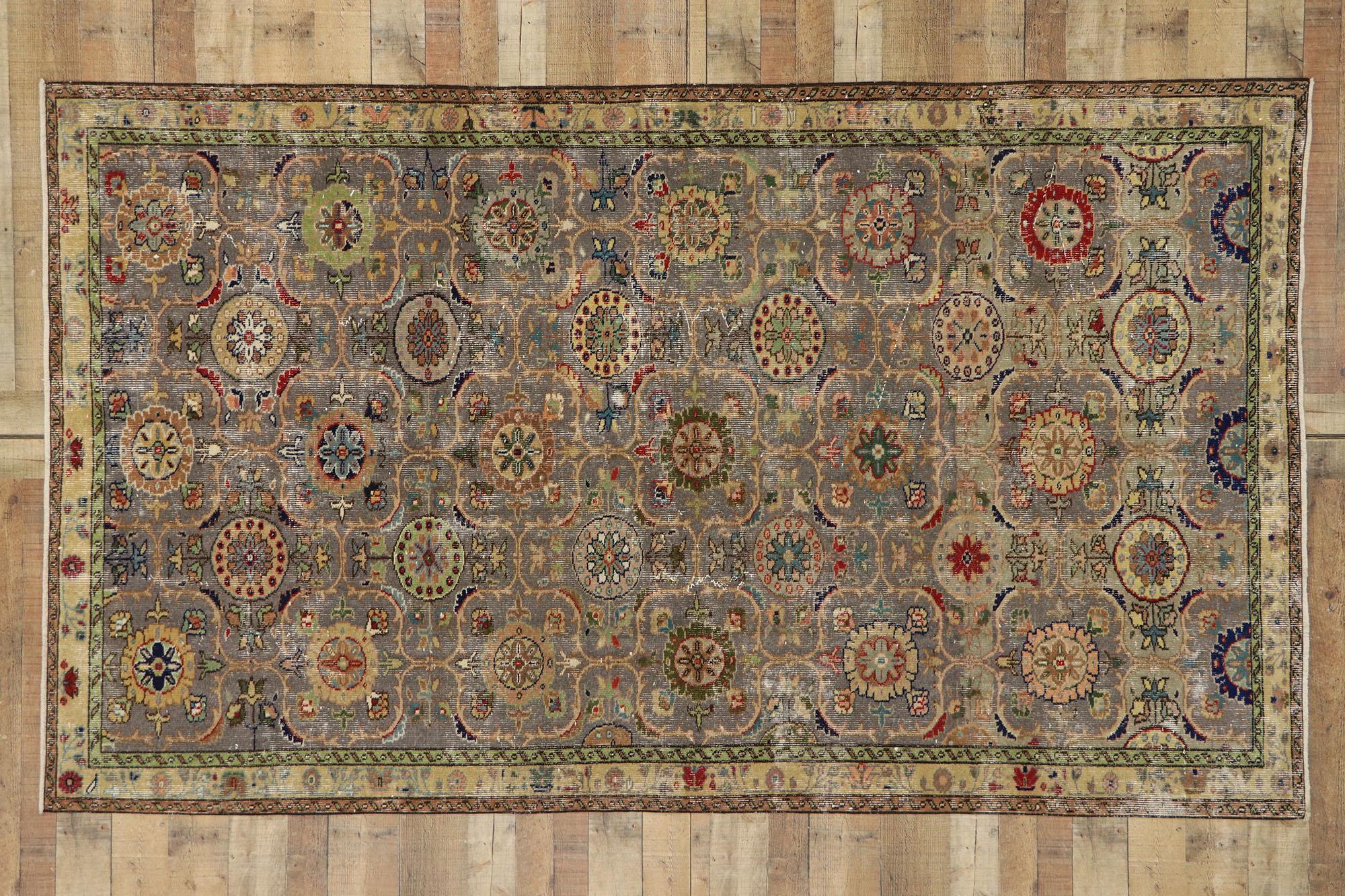 Distressed Vintage Turkish Sivas Rug with Rustic Craftsman Style For Sale 2