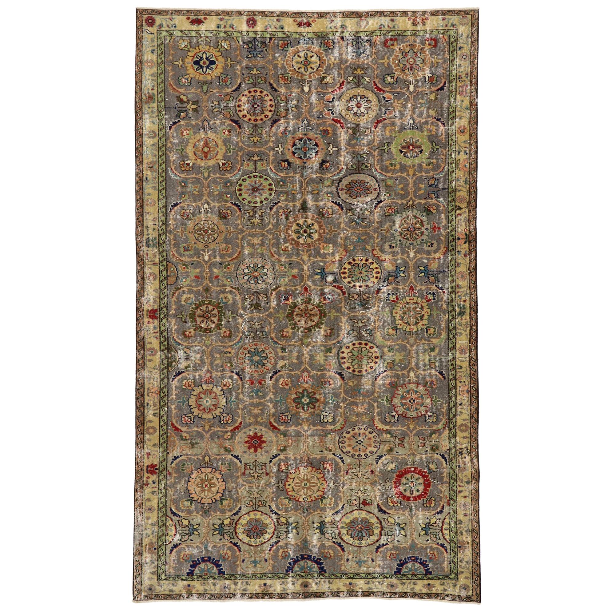 Distressed Vintage Turkish Sivas Rug with Rustic Craftsman Style