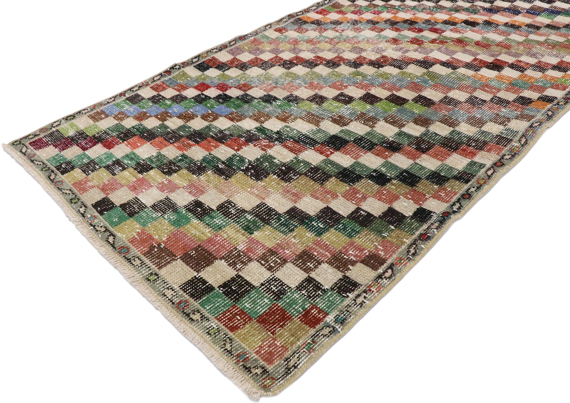 Hand-Knotted Distressed Vintage Turkish Sivas Rug with Rustic Cubist Style For Sale