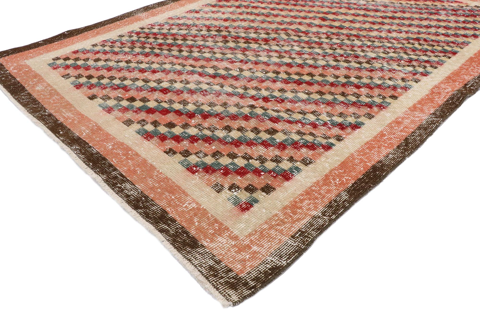 Hand-Knotted Distressed Vintage Turkish Sivas Rug with Rustic Cubist Style For Sale