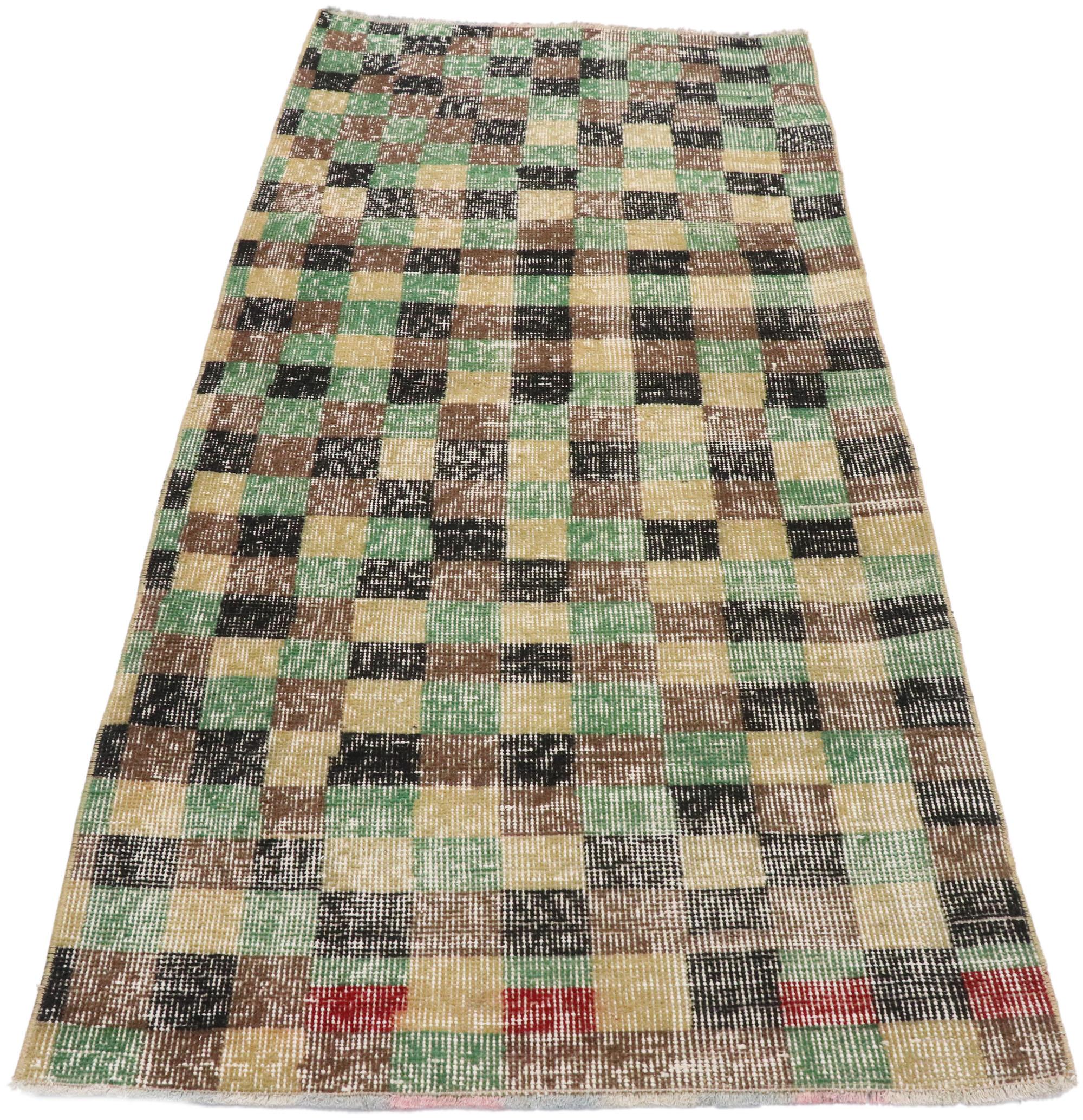Hand-Knotted Distressed Vintage Turkish Sivas Rug with Rustic Cubist Style For Sale