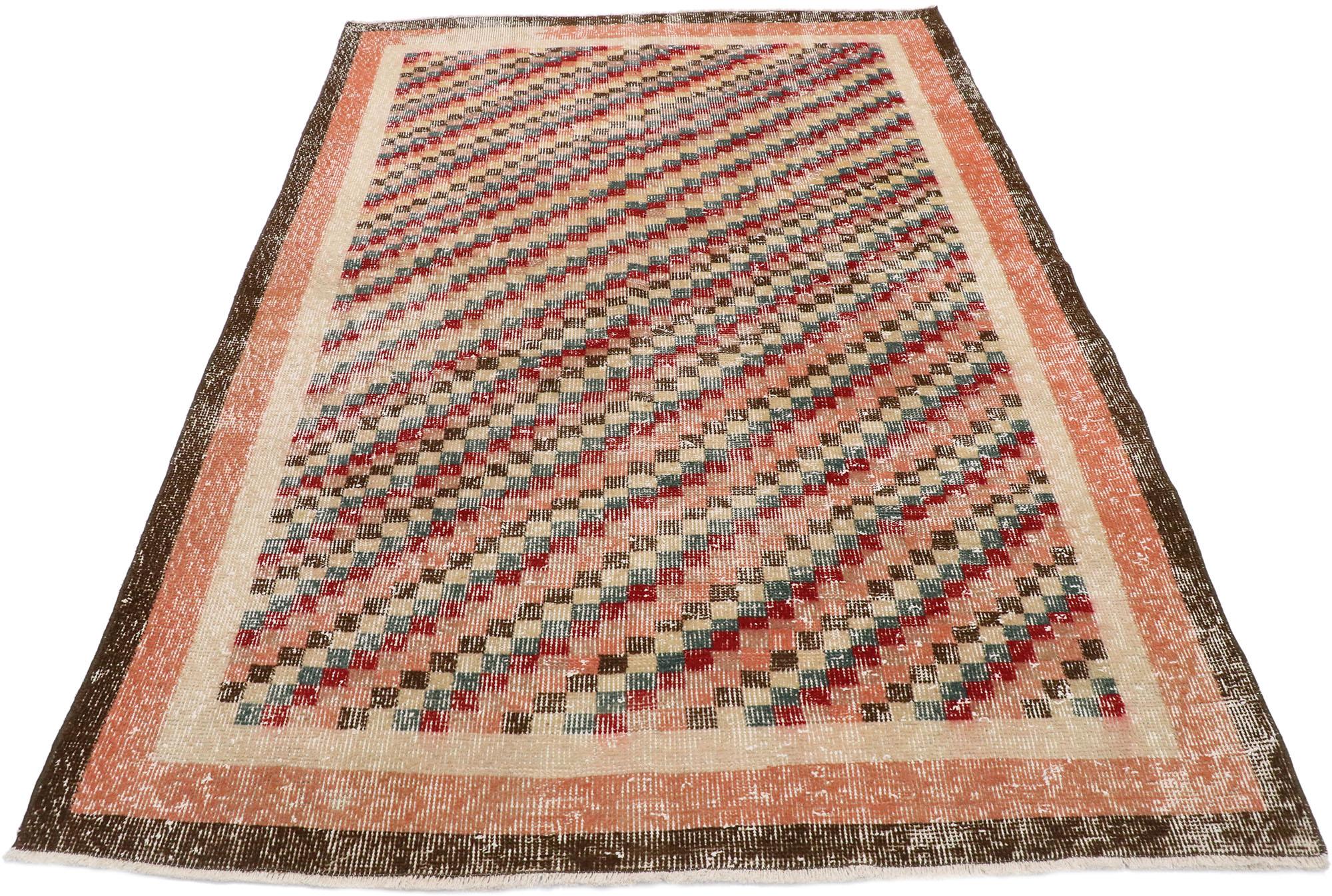 Distressed Vintage Turkish Sivas Rug with Rustic Cubist Style In Distressed Condition For Sale In Dallas, TX