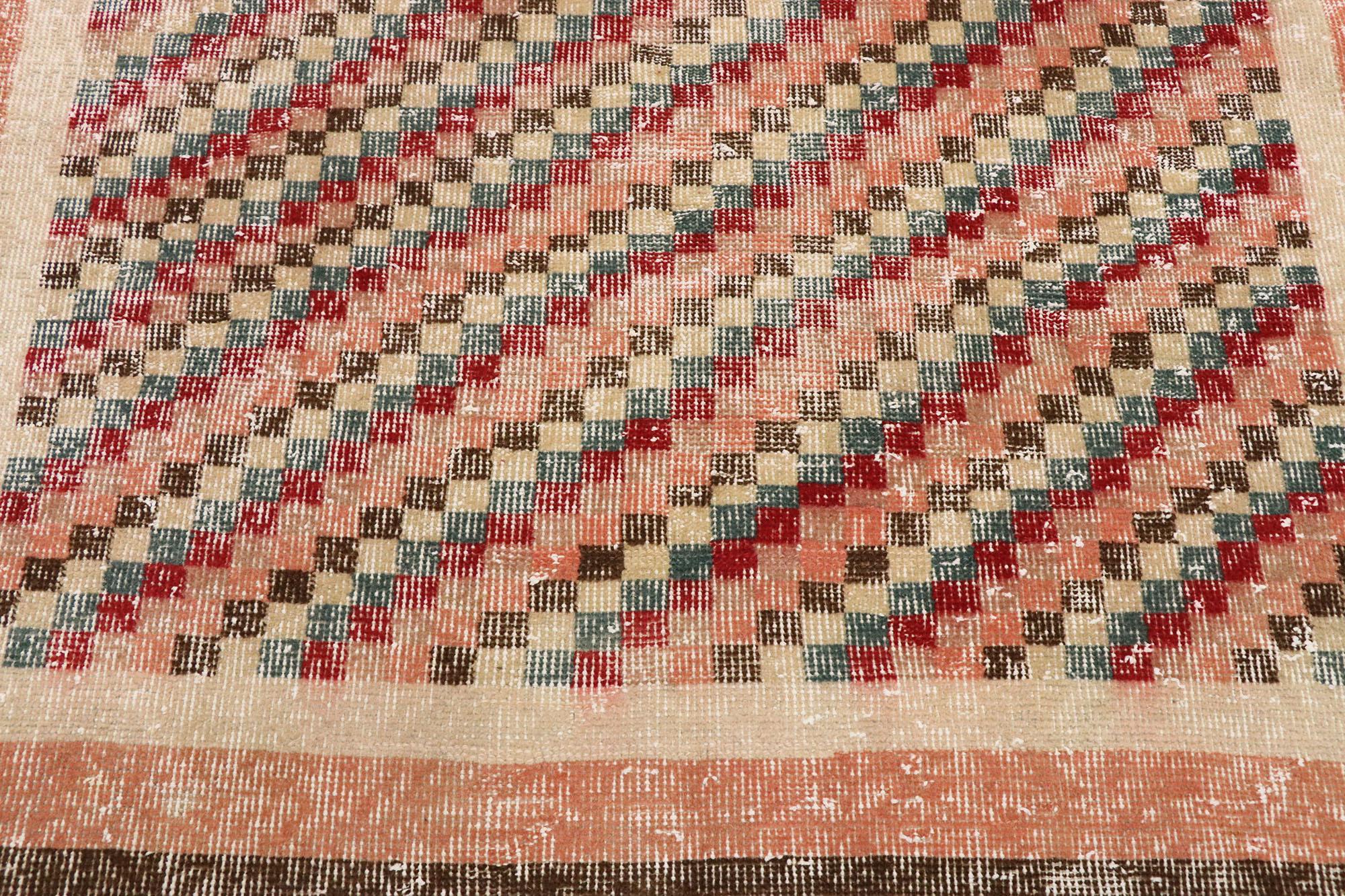 20th Century Distressed Vintage Turkish Sivas Rug with Rustic Cubist Style For Sale