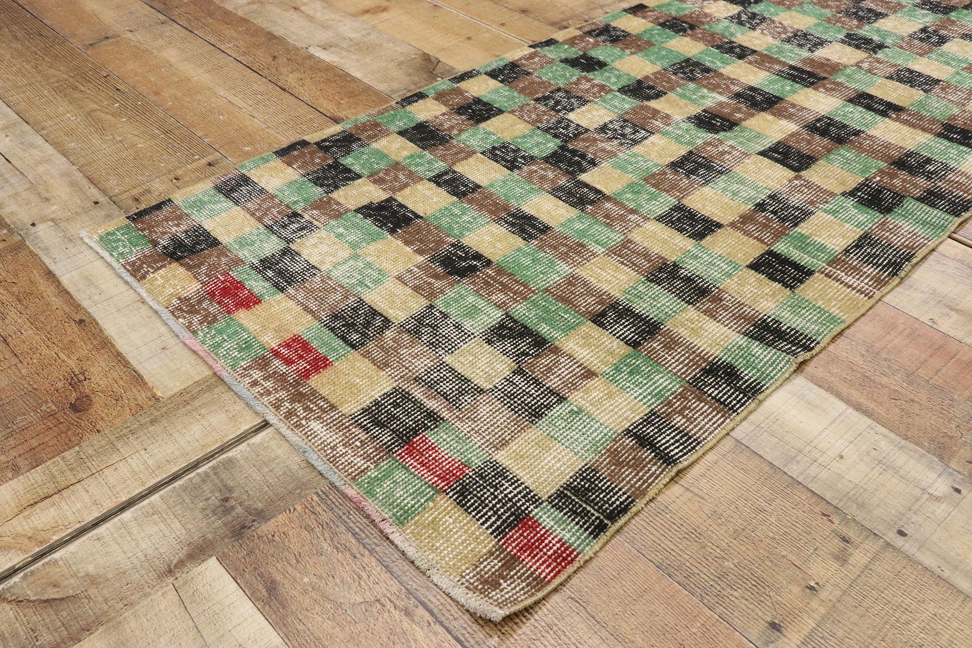 Wool Distressed Vintage Turkish Sivas Rug with Rustic Cubist Style For Sale