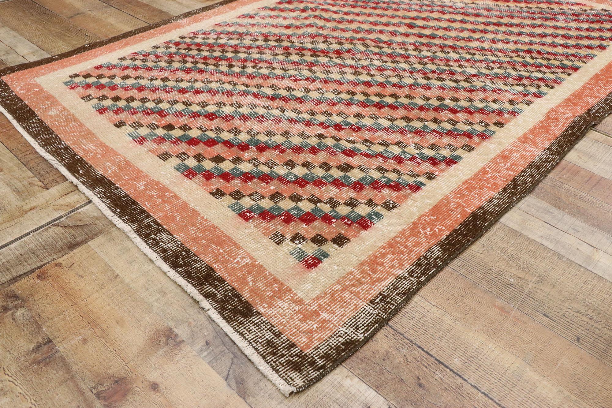 Distressed Vintage Turkish Sivas Rug with Rustic Cubist Style For Sale 1