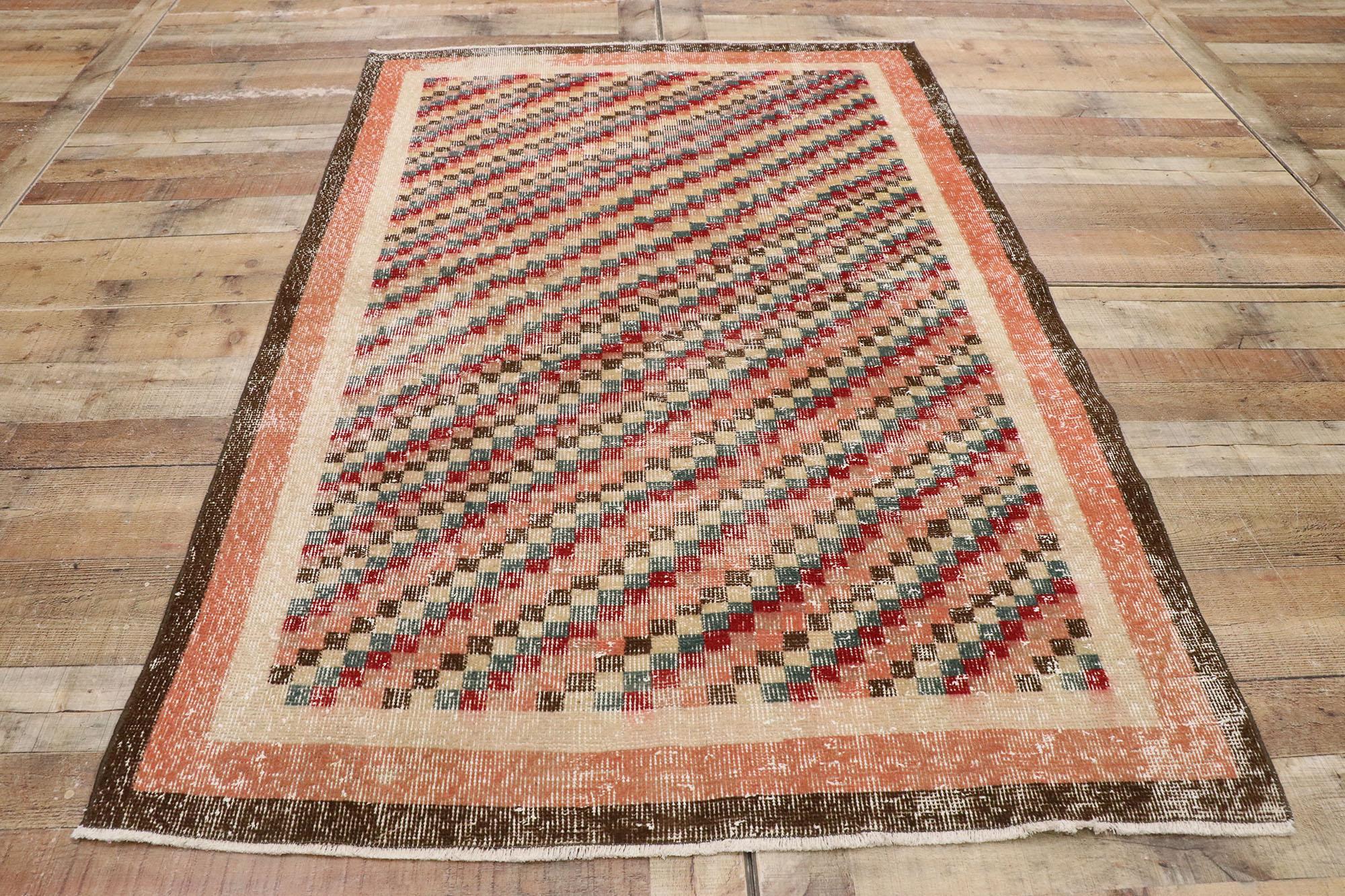 Distressed Vintage Turkish Sivas Rug with Rustic Cubist Style For Sale 2