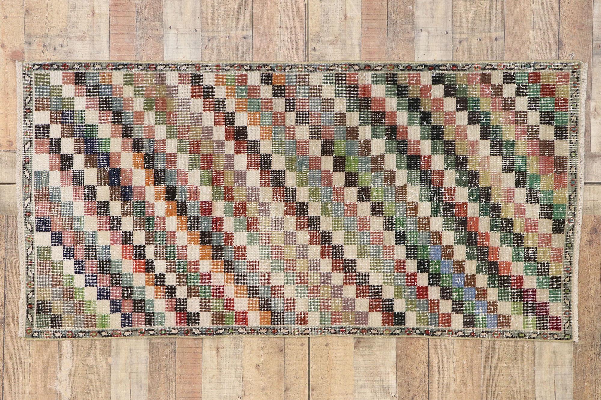 Distressed Vintage Turkish Sivas Rug with Rustic Cubist Style For Sale 3