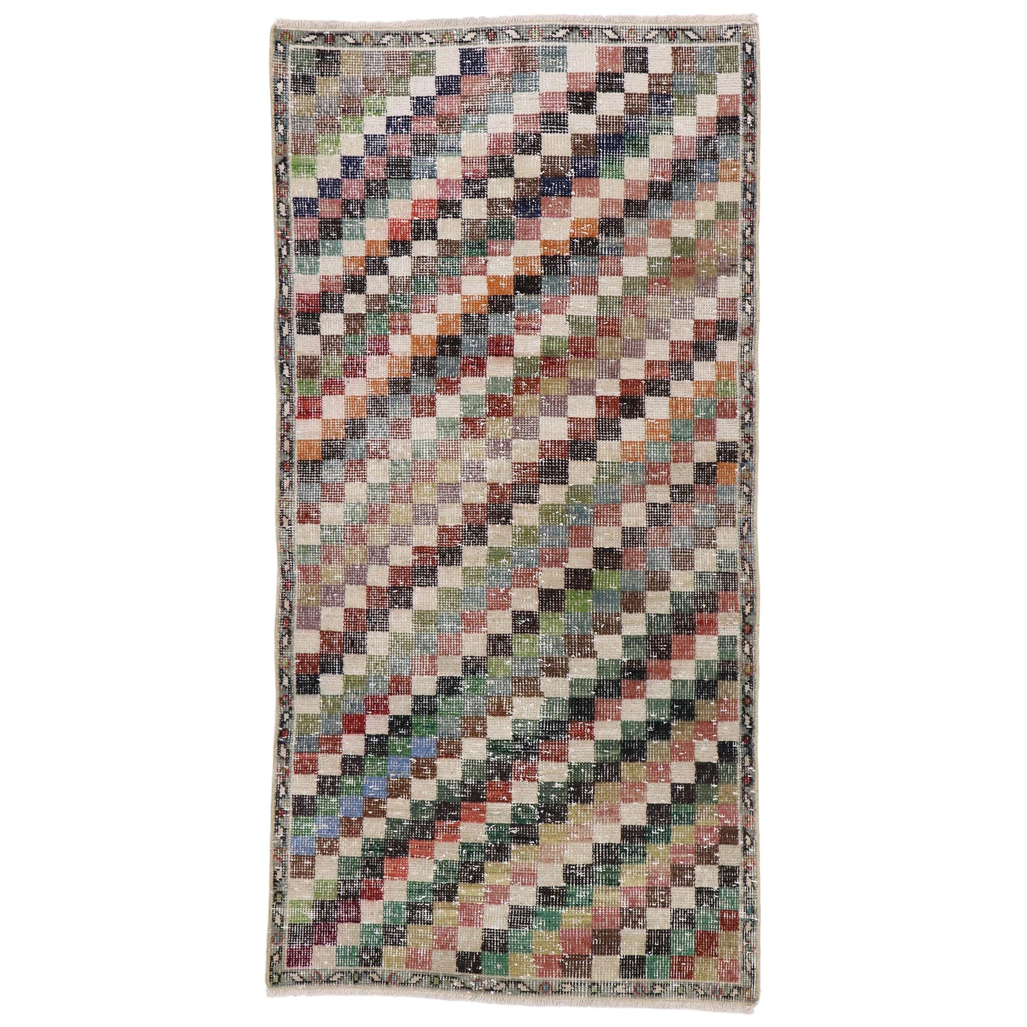 Distressed Vintage Turkish Sivas Rug with Rustic Cubist Style For Sale