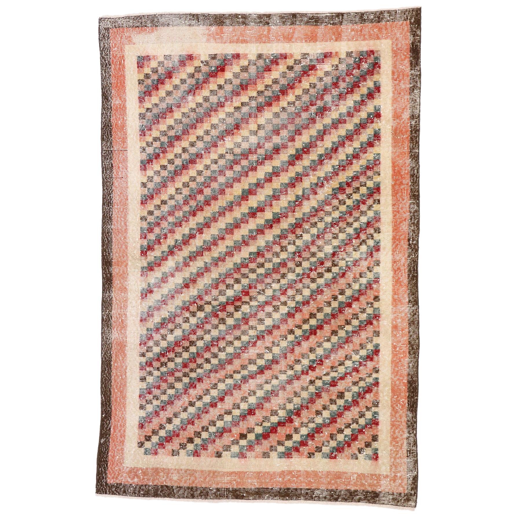 Distressed Vintage Turkish Sivas Rug with Rustic Cubist Style For Sale