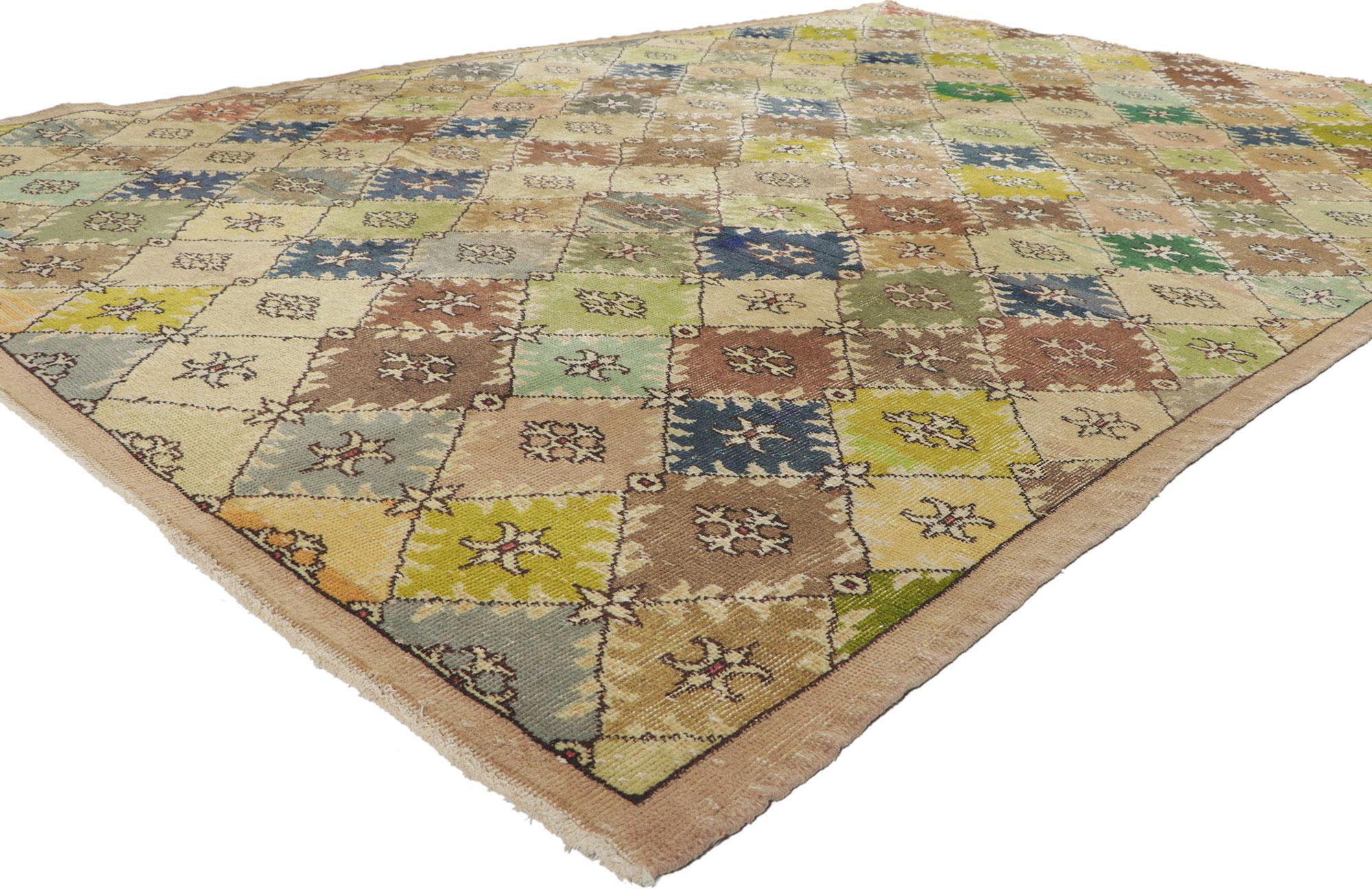52138 Vintage Turkish Sivas Rug, 06'09 x 10'00.
Warm and inviting with its perfectly worn-in charm, this distressed vintage Turkish Sivas area rug beautifully embodies a Modern Industrial style. The weathered field is covered in an all-over