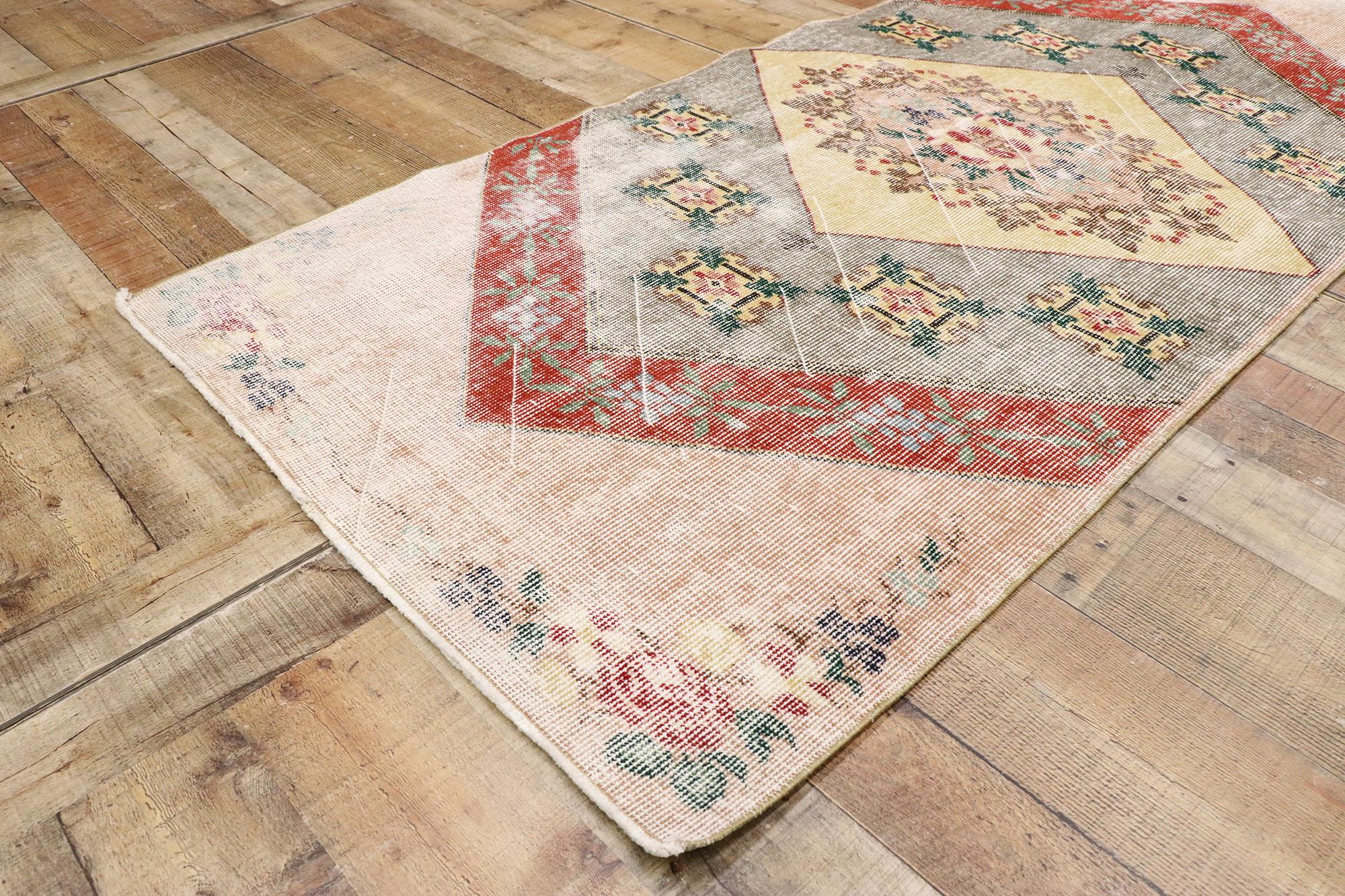 Distressed Vintage Turkish Sivas Rug with Rustic English Country Style For Sale 1