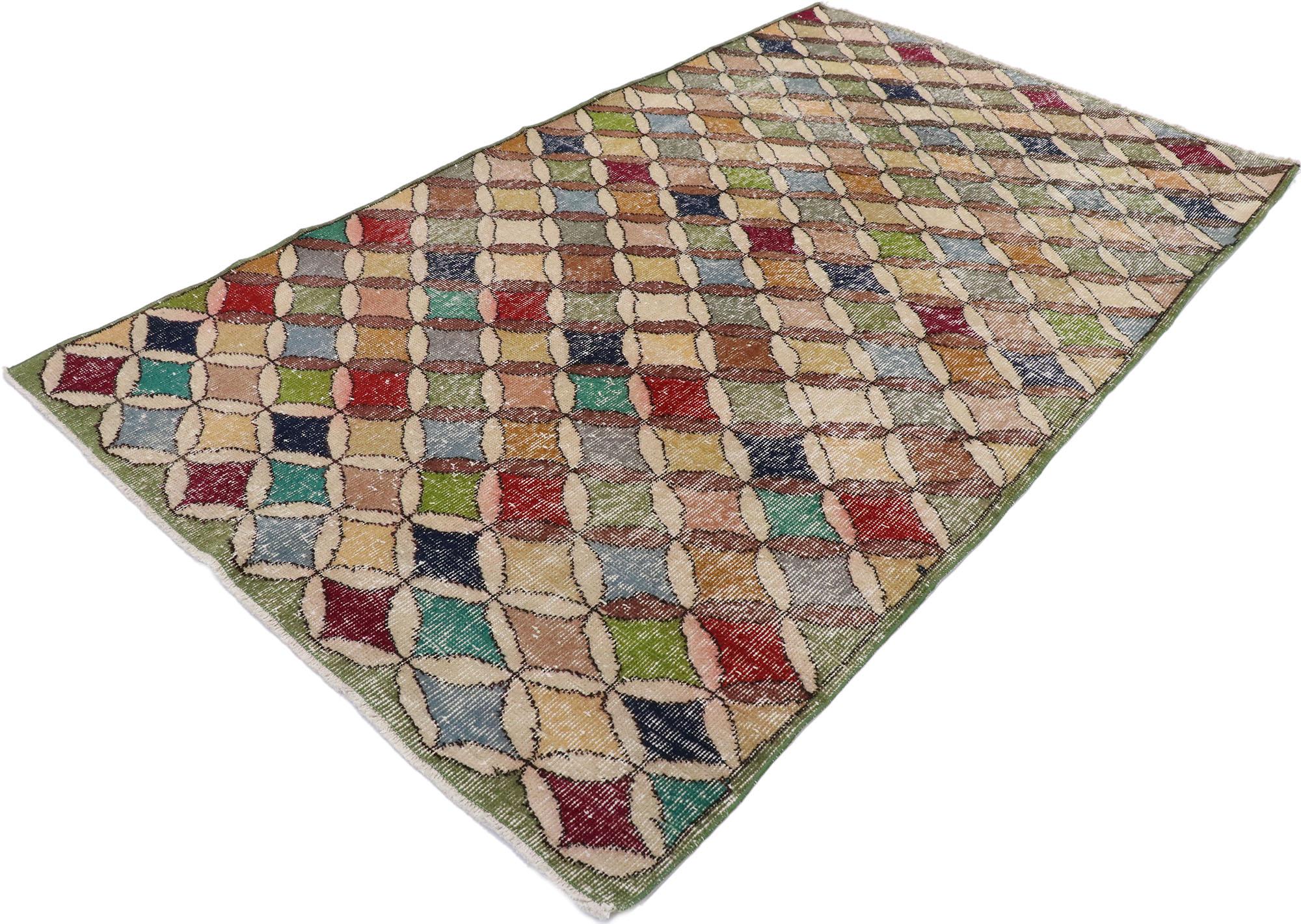 53325, distressed vintage Turkish Sivas rug with rustic Mediterranean style. This hand knotted wool distressed vintage Turkish Sivas rug features an all-over lattice pattern spread across an abrashed field. Cream and brown ovals form a trellis that