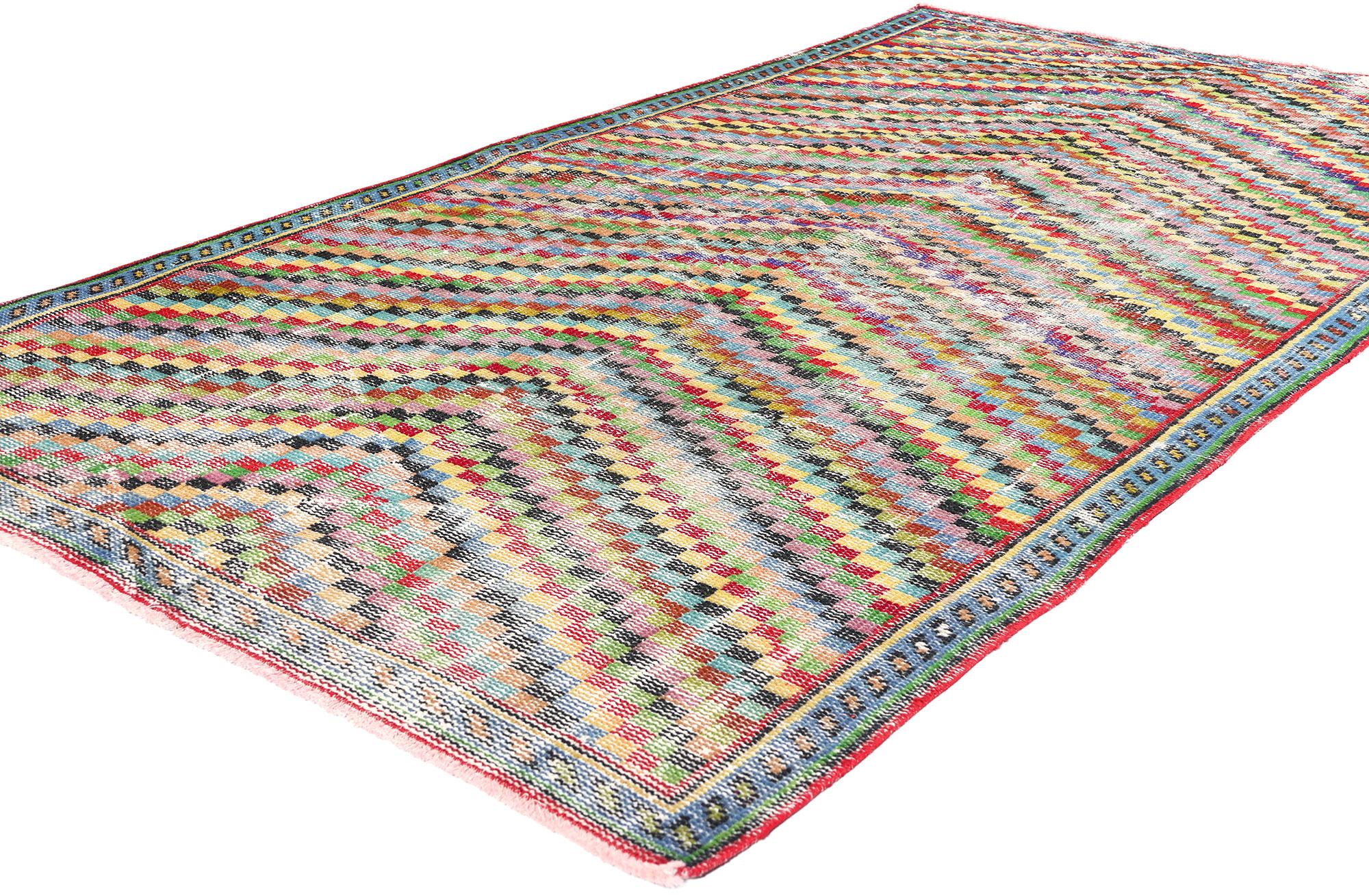53301 Zeki Muren Distressed Vintage Turkish Sivas Rug, 04'01 x 07'05. Nestled within the serene landscapes of Turkey's Sivas region, Zeki Muren Turkish Sivas rugs honor the legacy of the esteemed Turkish singer who continues to inspire. Celebrated