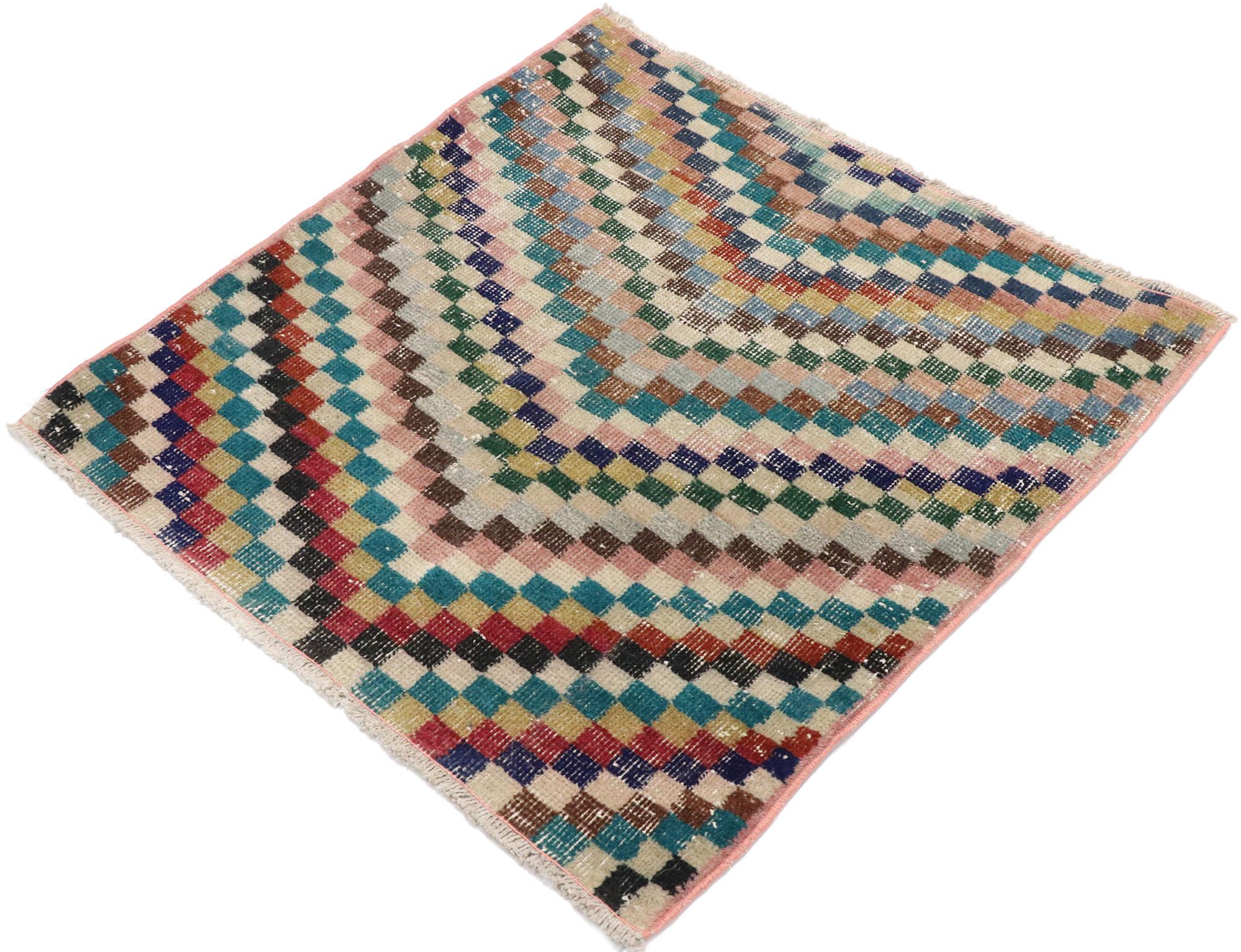 53349 Distressed Vintage Turkish Sivas Rug with Rustic Mid-Century Modern Cubist style. This hand knotted wool distressed vintage Turkish Sivas rug features an all-over checkered chevron pattern comprised of rows of multicolored squares. Each row of