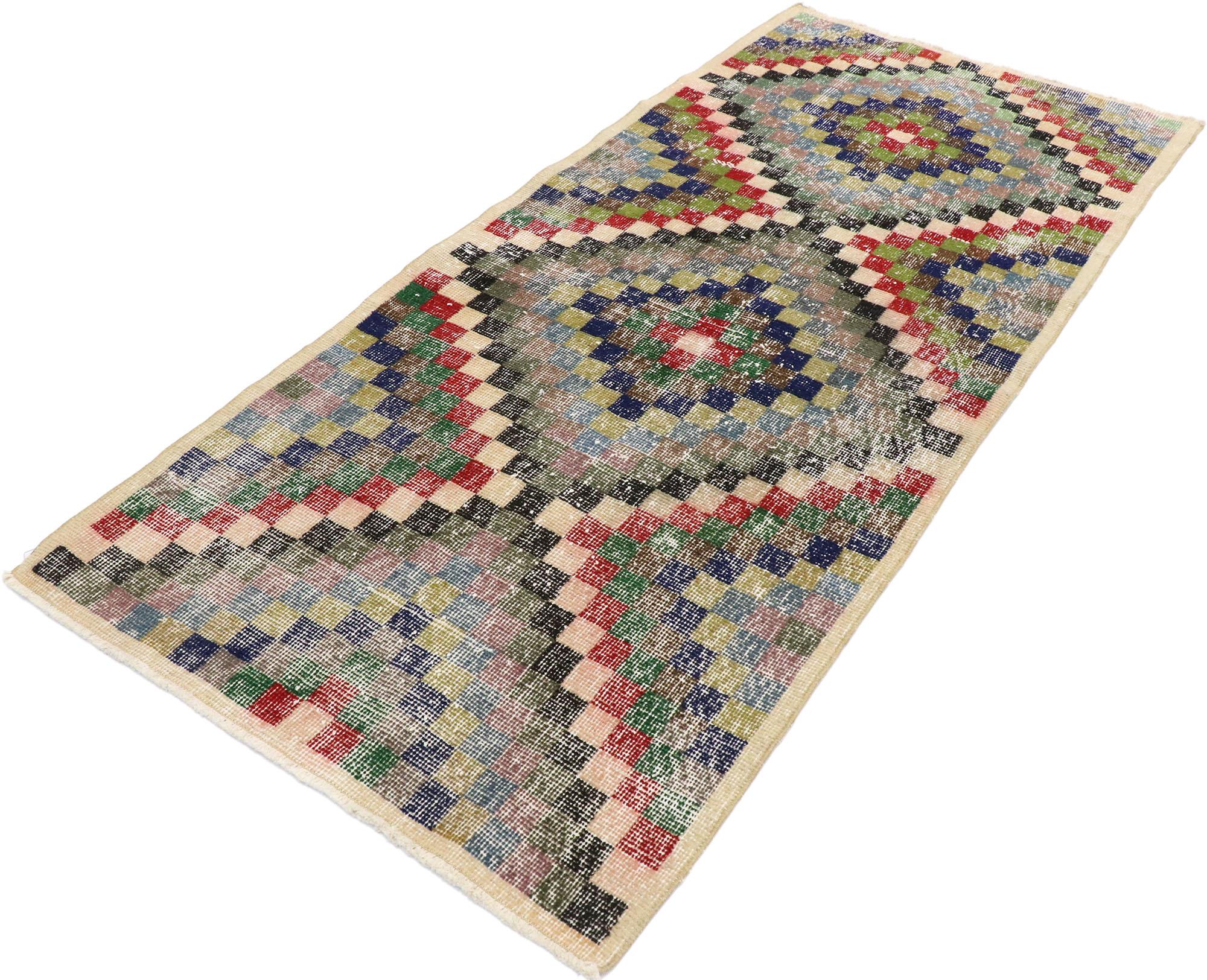 53339, distressed vintage Turkish Sivas rug with rustic Mid-Century Modern Cubist style. This hand knotted wool distressed vintage Turkish Sivas rug features an all-over checkered diamond pattern comprised of rows of multi-colored cubes. Each row of