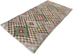 Distressed Vintage Turkish Sivas Rug with Rustic Mid-Century Modern Cubist Style