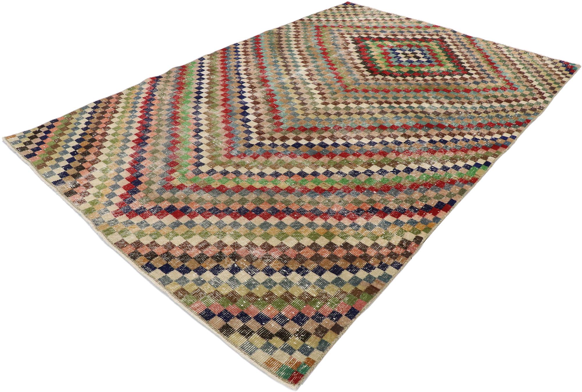 53308, distressed vintage Turkish Sivas rug with Rustic Mid-Century Modern Cubist style. This hand knotted wool distressed vintage Turkish Sivas rug features an all-over checkered asymmetrical diamond chevron pattern comprised of rows of