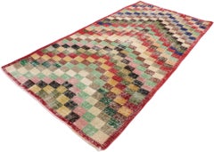 Distressed Vintage Turkish Sivas Rug with Rustic Mid-Century Modern Cubist Style
