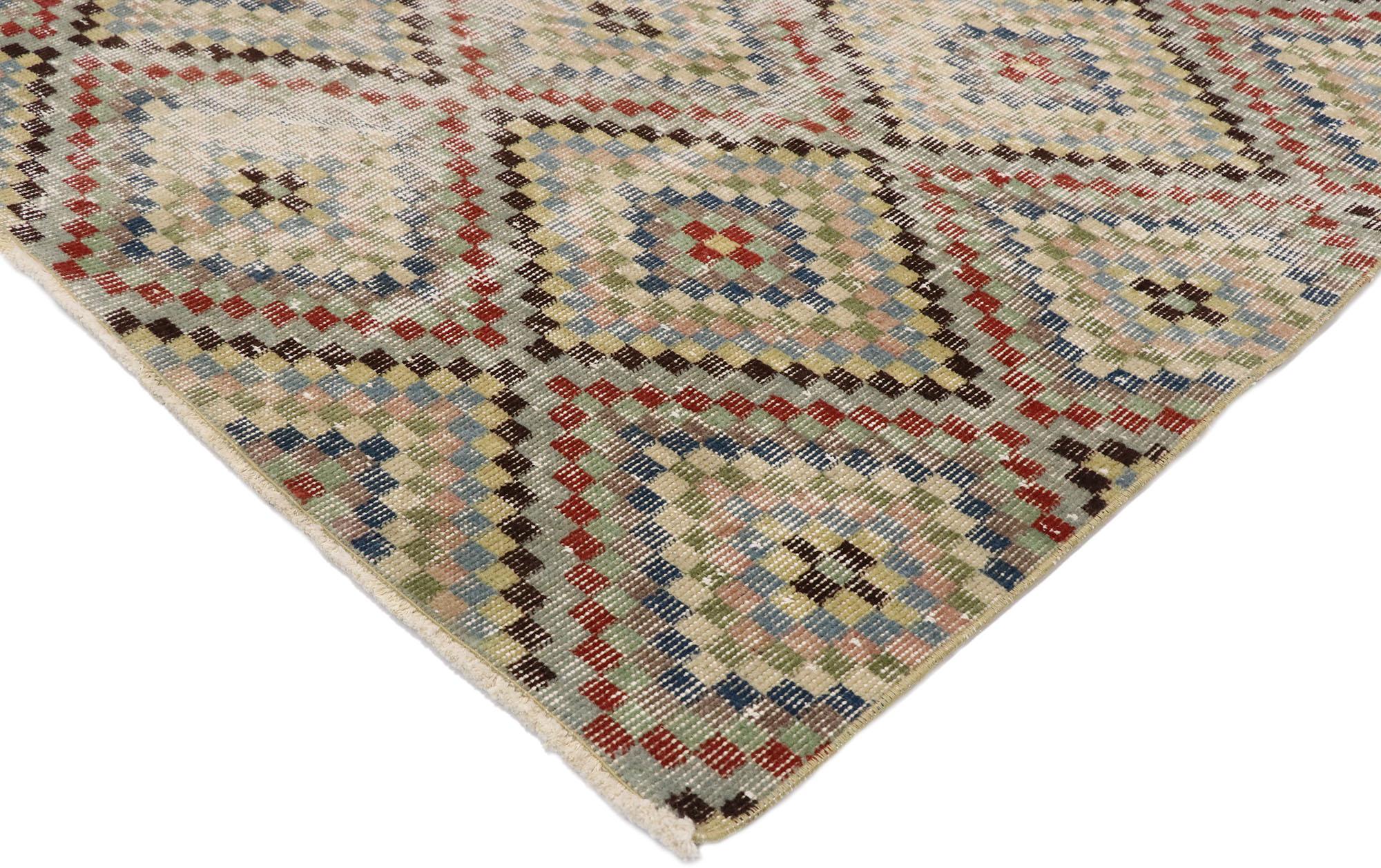 Hand-Knotted Distressed Vintage Turkish Sivas Rug with Rustic Mid-Century Modern Cubist Style For Sale