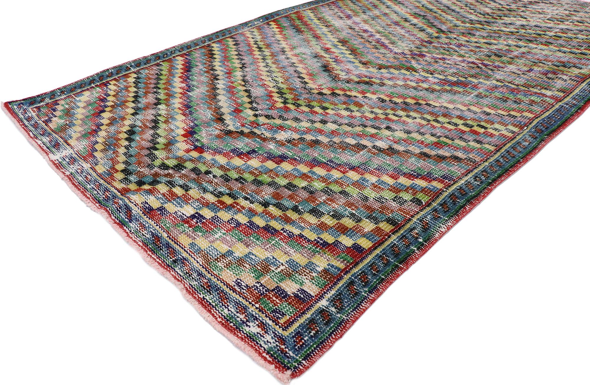 Hand-Knotted Distressed Vintage Turkish Sivas Rug with Rustic Mid-Century Modern Cubist Style For Sale