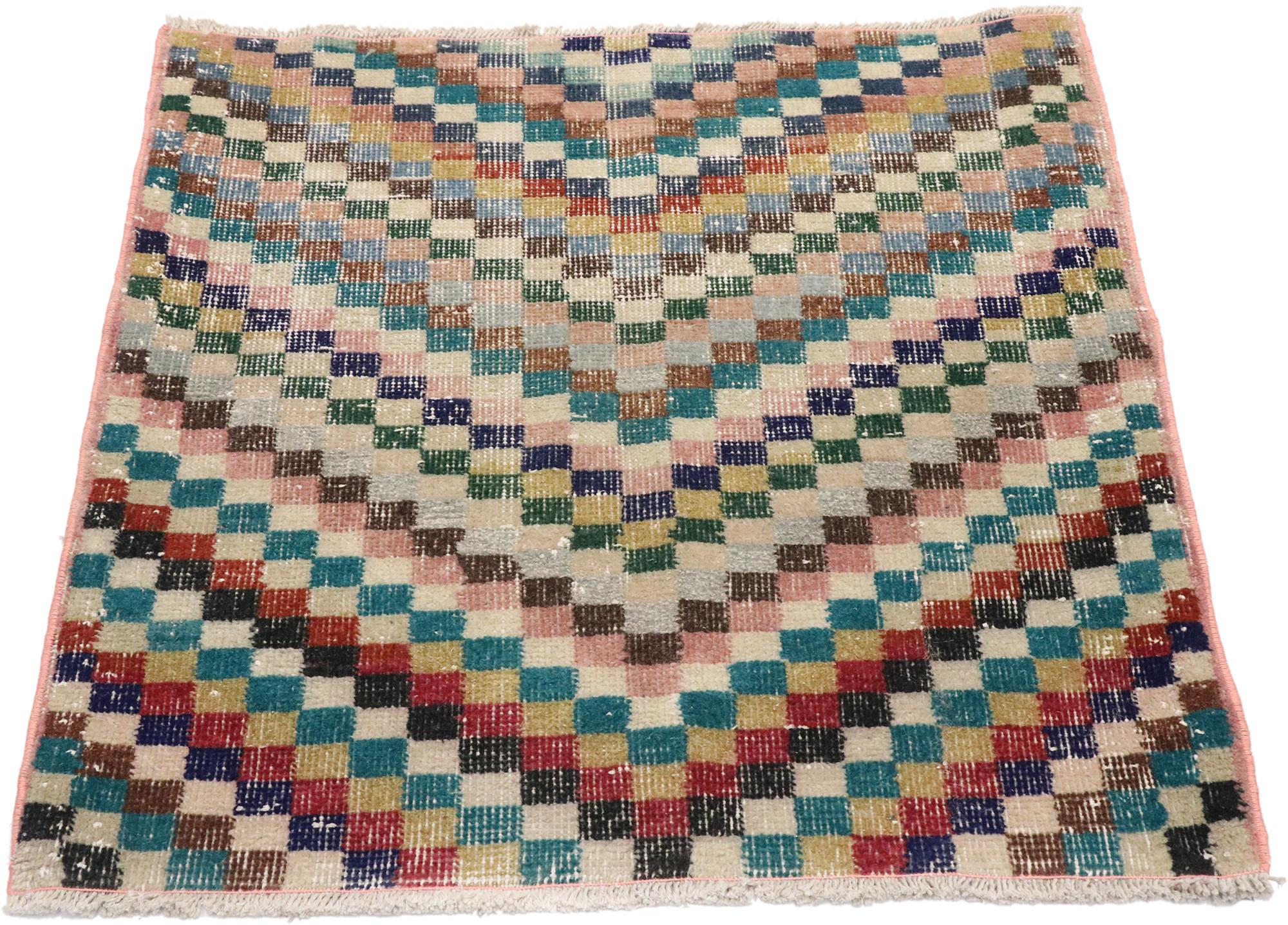 Distressed Vintage Turkish Sivas Rug with Rustic Mid-Century Modern Cubist Style In Distressed Condition For Sale In Dallas, TX