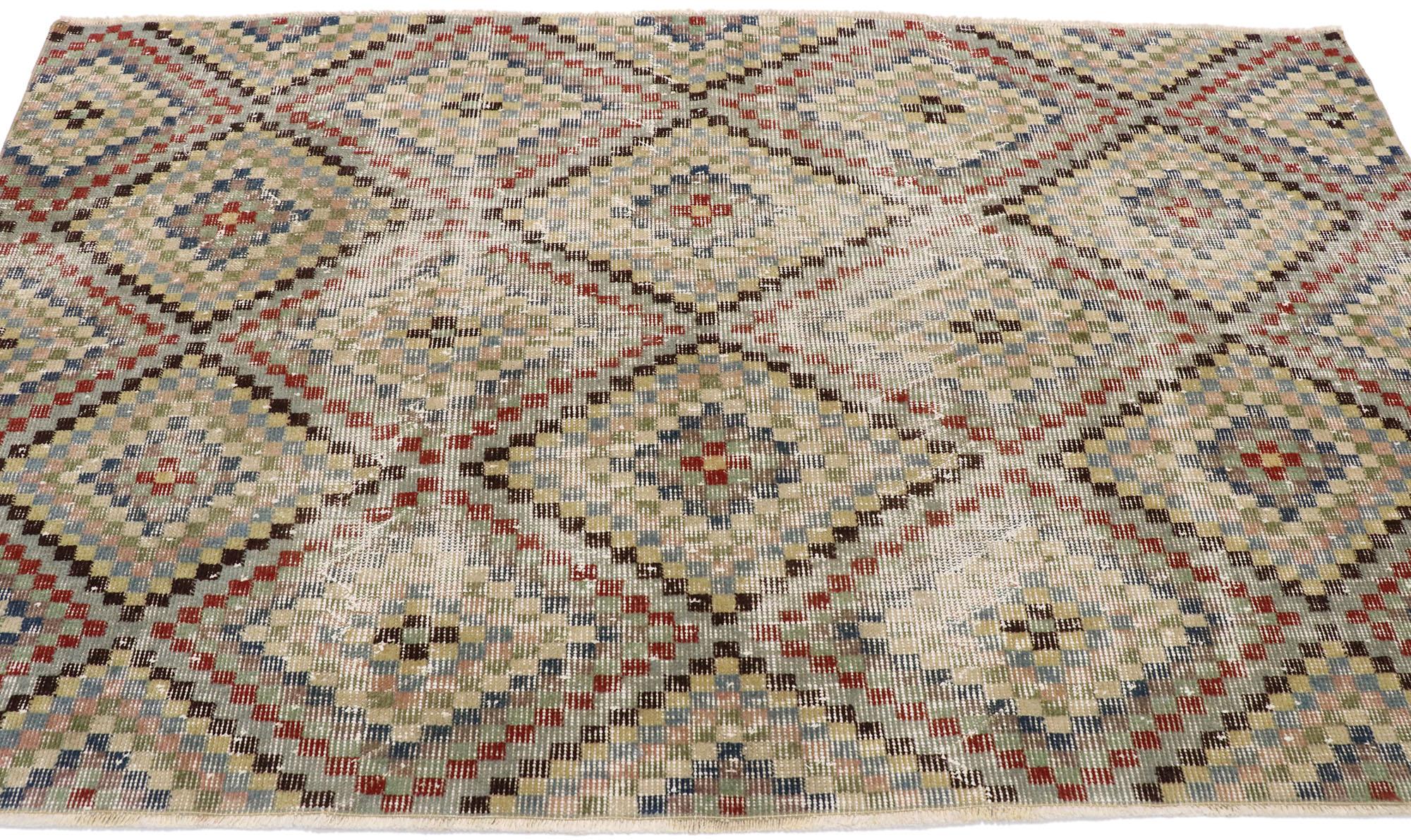 Distressed Vintage Turkish Sivas Rug with Rustic Mid-Century Modern Cubist Style In Distressed Condition For Sale In Dallas, TX