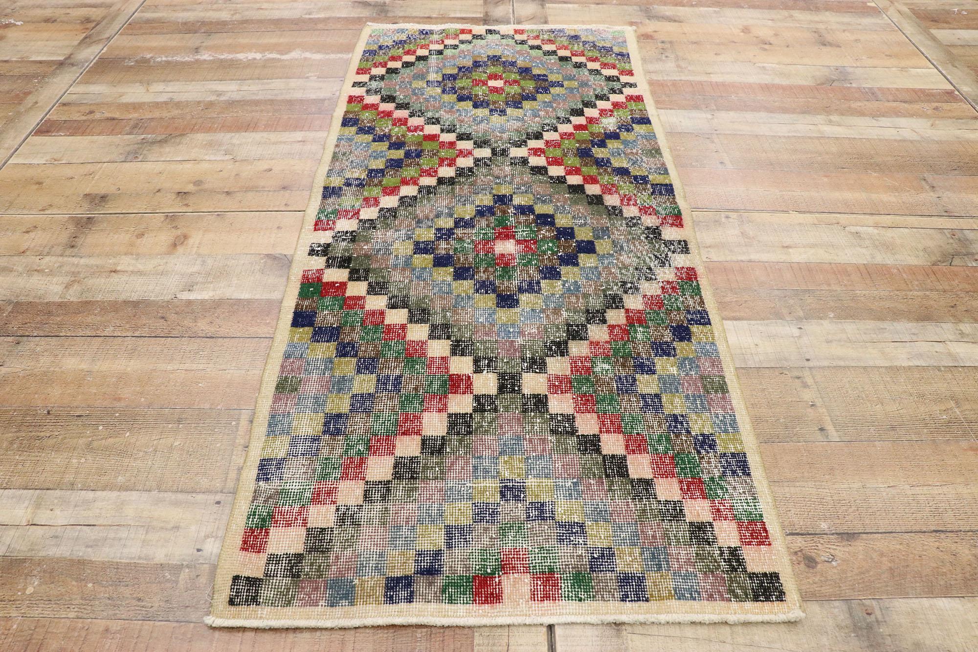 Distressed Vintage Turkish Sivas Rug with Rustic Mid-Century Modern Style For Sale 1
