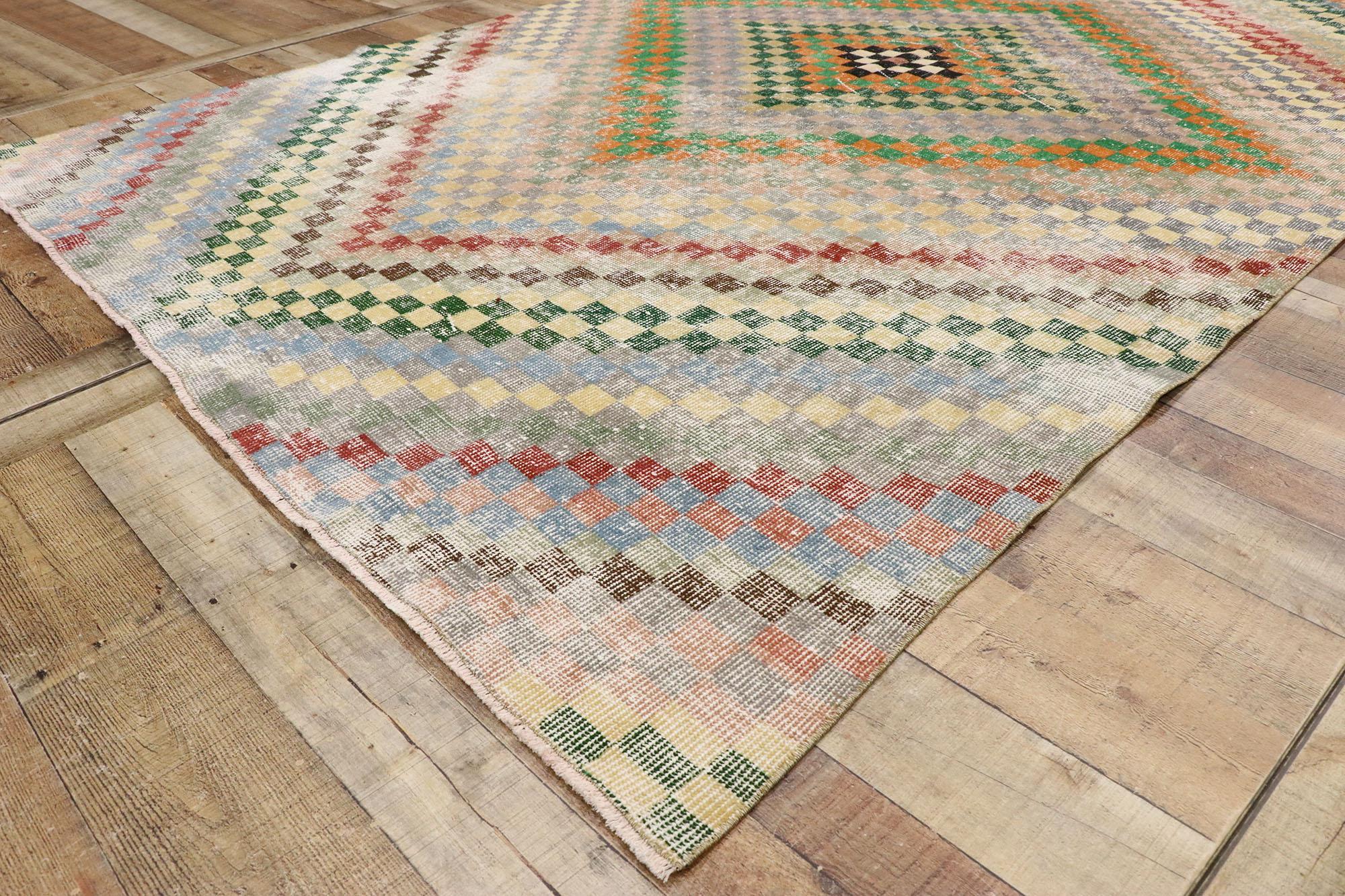 Distressed Vintage Turkish Sivas Rug with Rustic Mid-Century Modern Cubist Style For Sale 1