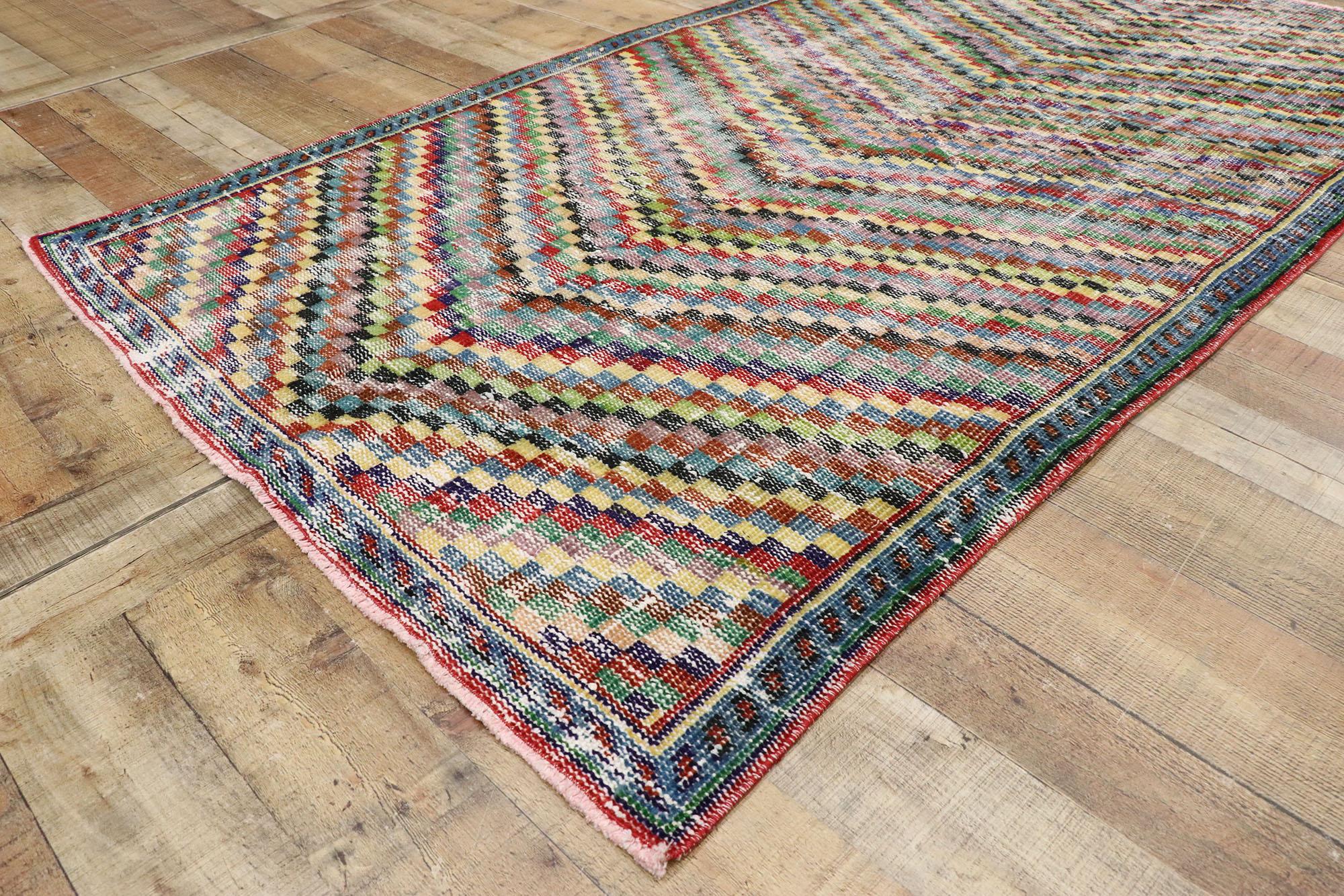 Distressed Vintage Turkish Sivas Rug with Rustic Mid-Century Modern Cubist Style For Sale 1