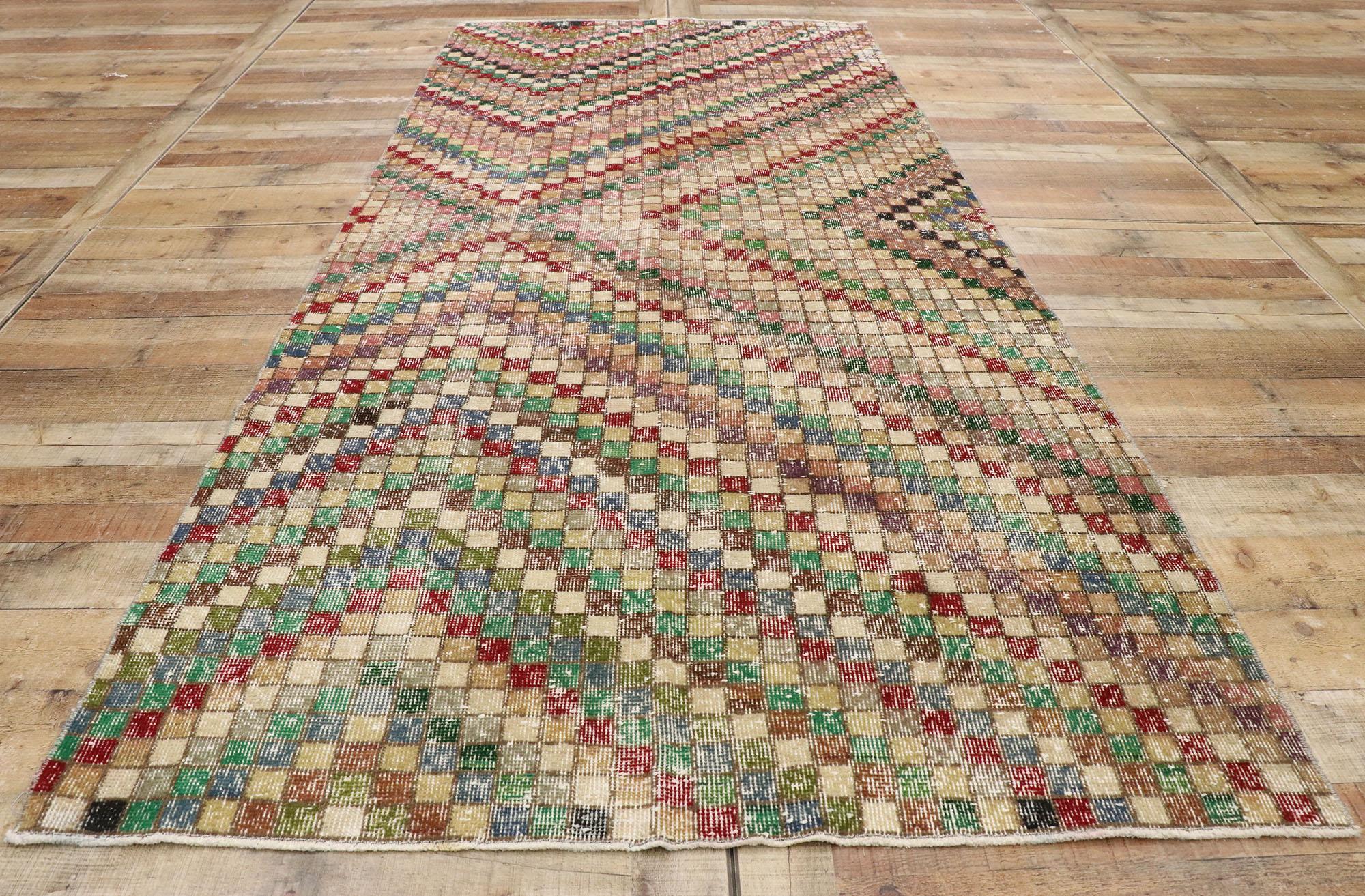 Distressed Vintage Turkish Sivas Rug with Rustic Mid-Century Modern Cubist Style For Sale 2