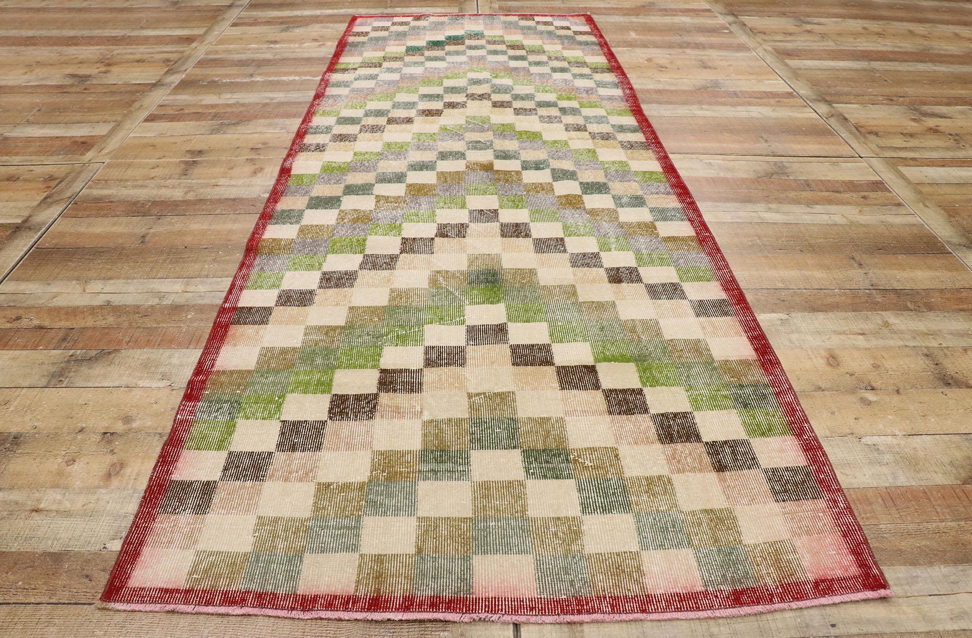 Distressed Vintage Turkish Sivas Rug with Rustic Mid-Century Modern Cubist Style For Sale 2