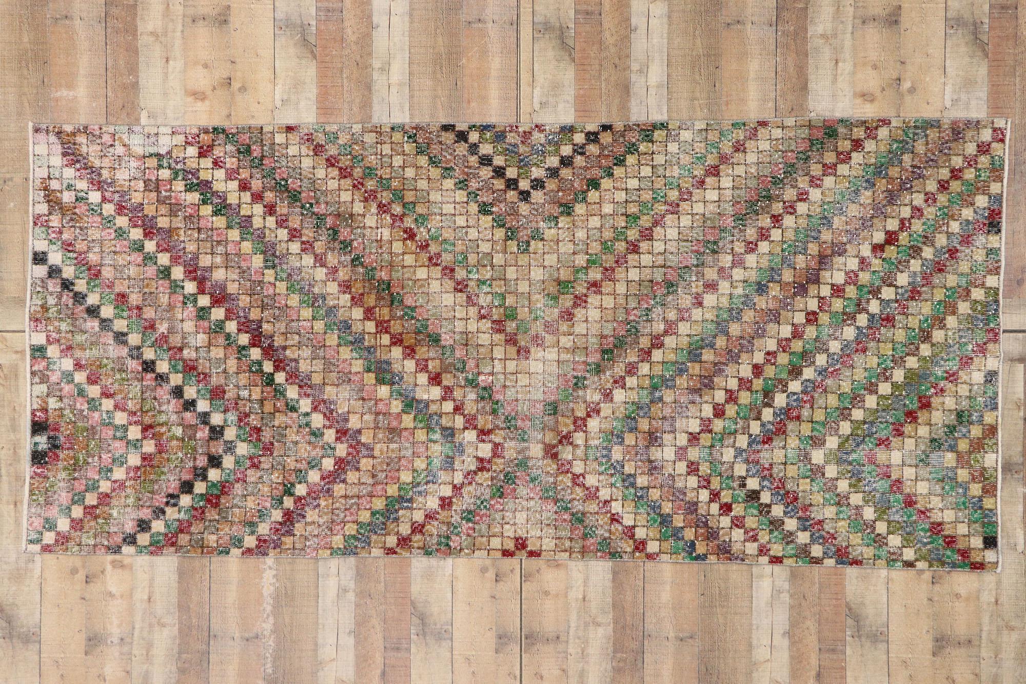 Distressed Vintage Turkish Sivas Rug with Rustic Mid-Century Modern Cubist Style For Sale 3