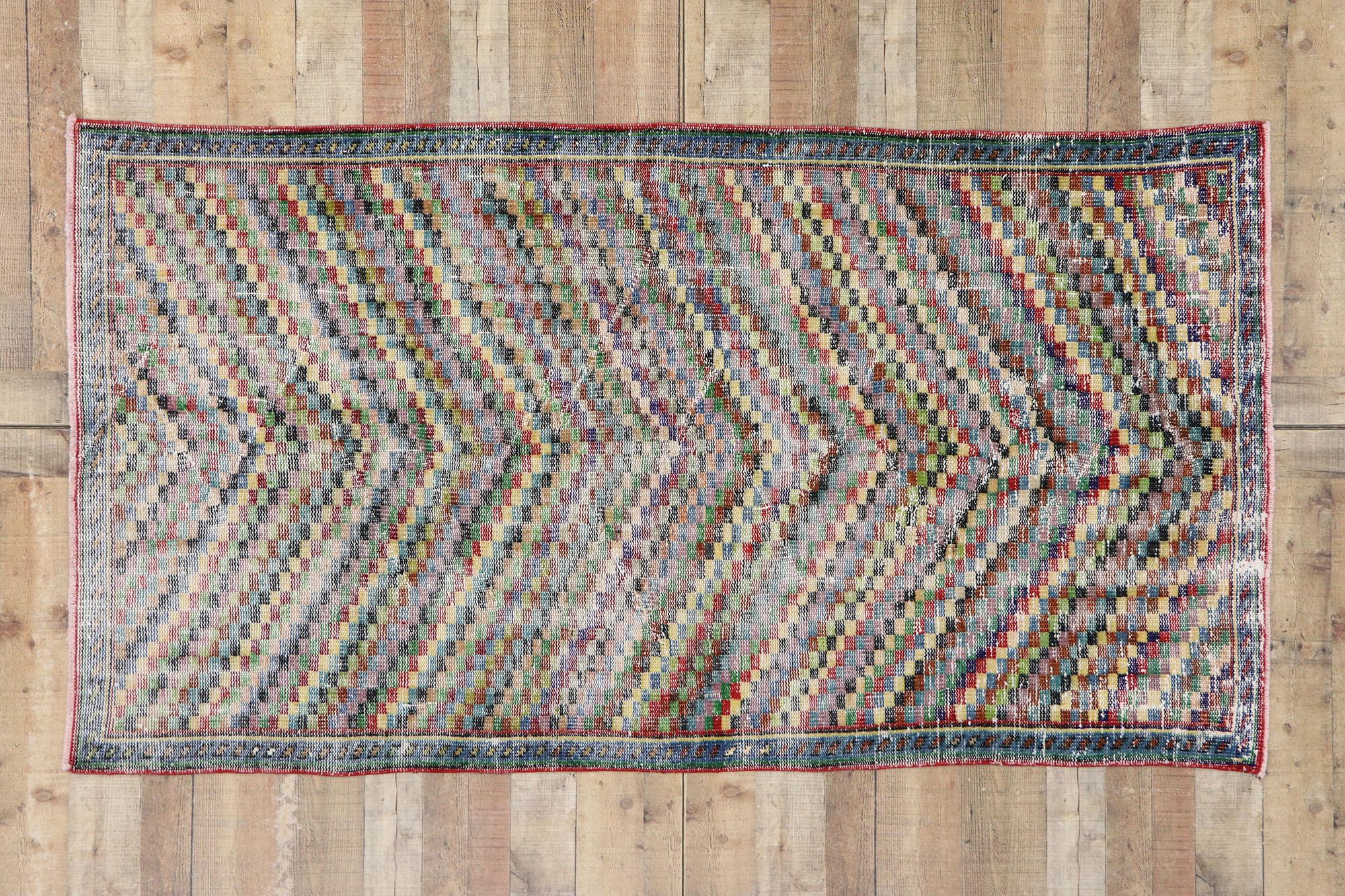 Distressed Vintage Turkish Sivas Rug with Rustic Mid-Century Modern Cubist Style For Sale 3