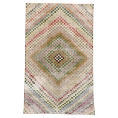 Distressed Vintage Turkish Sivas Rug with Rustic Mid-Century Modern Cubist Style