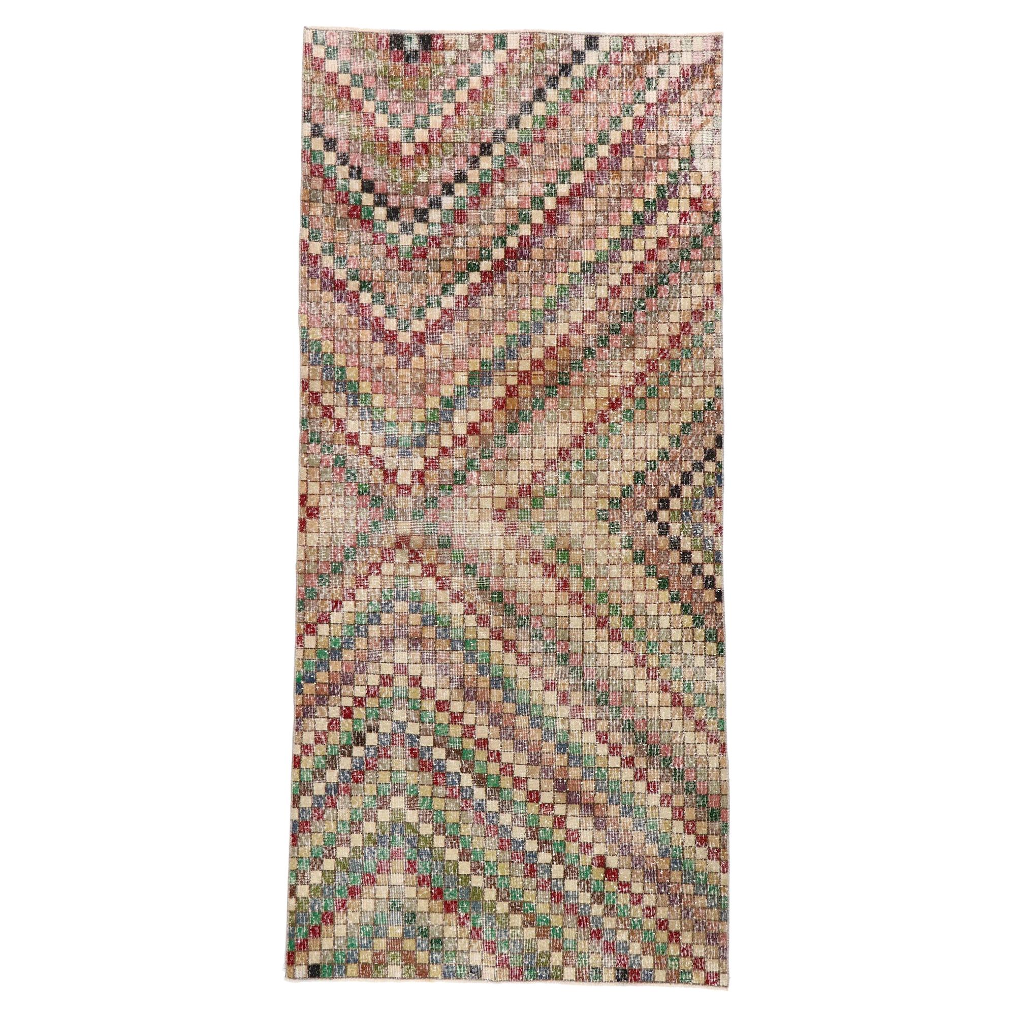 Distressed Vintage Turkish Sivas Rug with Rustic Mid-Century Modern Cubist Style For Sale