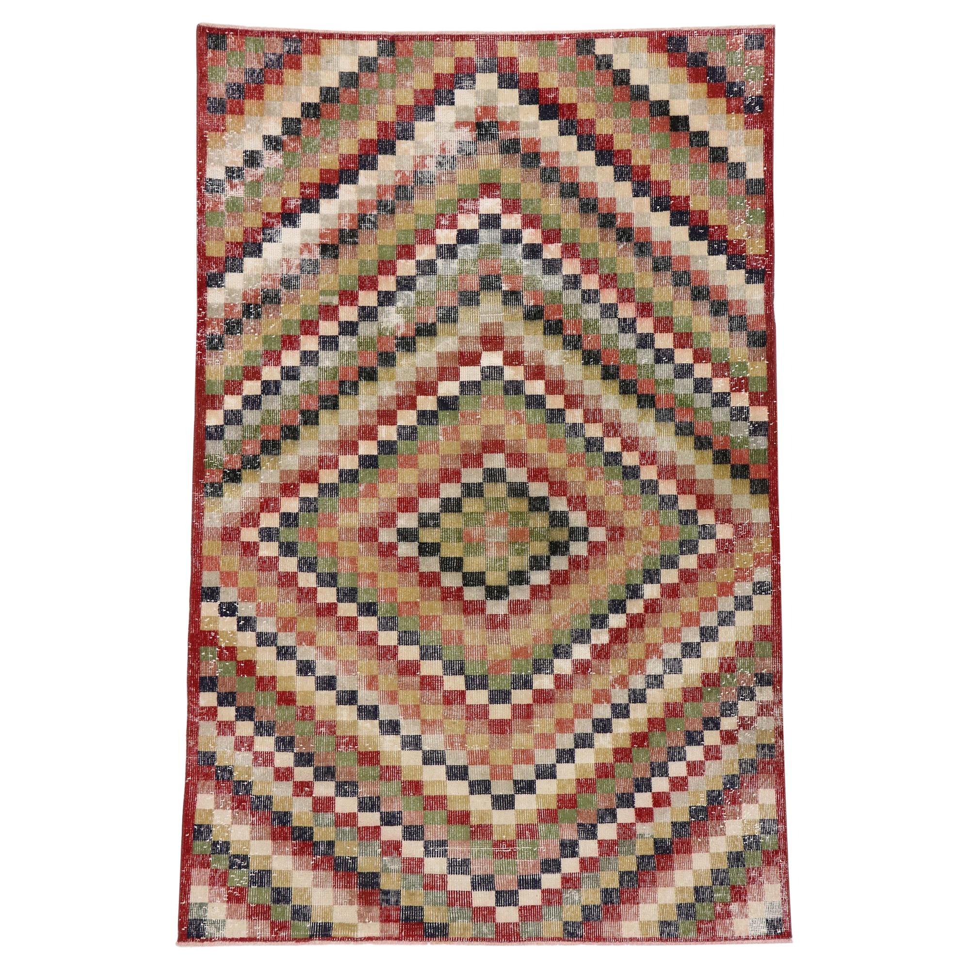 Distressed Vintage Turkish Sivas Rug with Rustic Mid-Century Modern Cubist Style