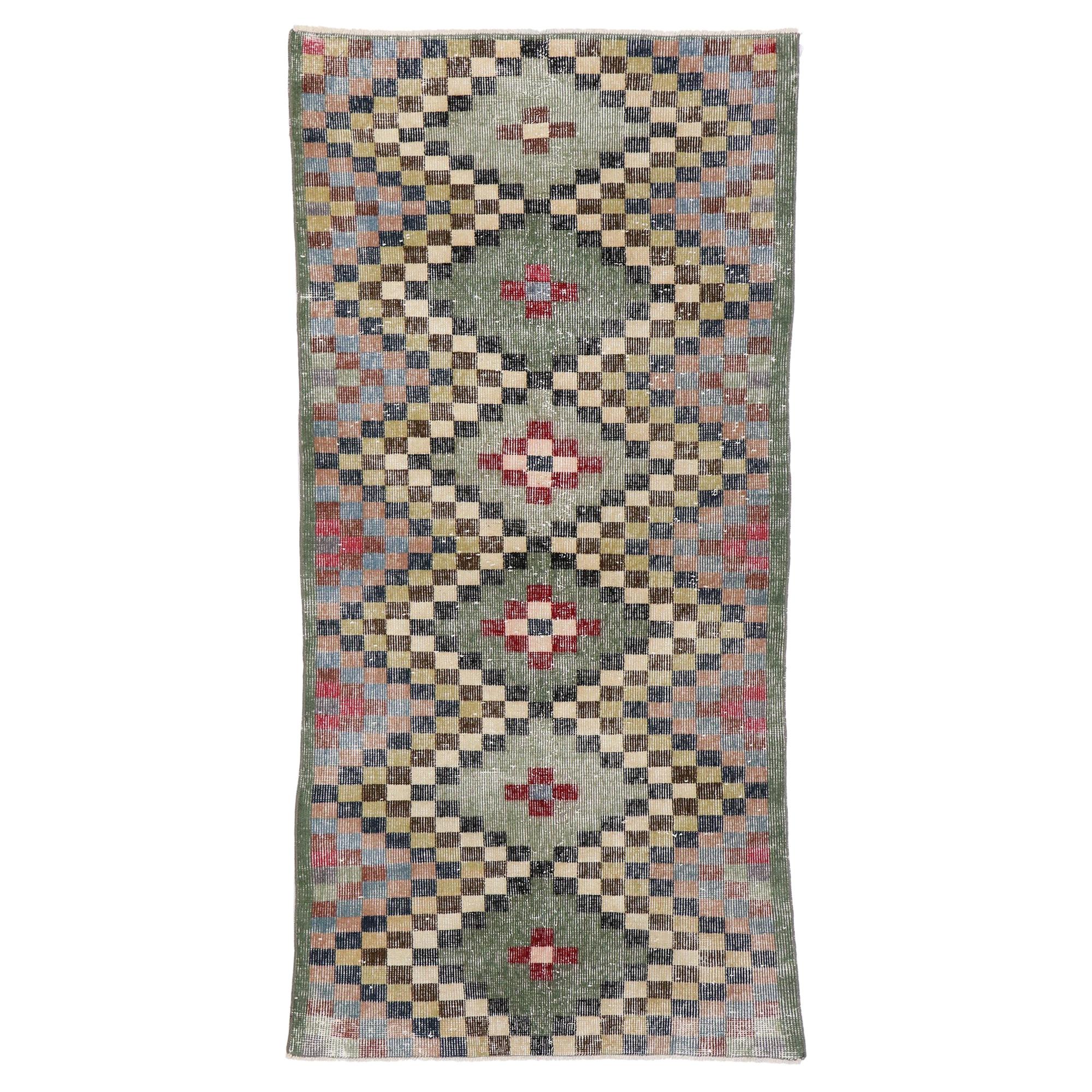 Distressed Vintage Turkish Sivas Rug with Rustic Mid-Century Modern Cubist Style For Sale