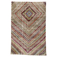 Türkischer Sivas-Teppich im Vintage-Stil im Used-Look mit rustikalem, kubistischem Mid-Century-Modern-Stil
